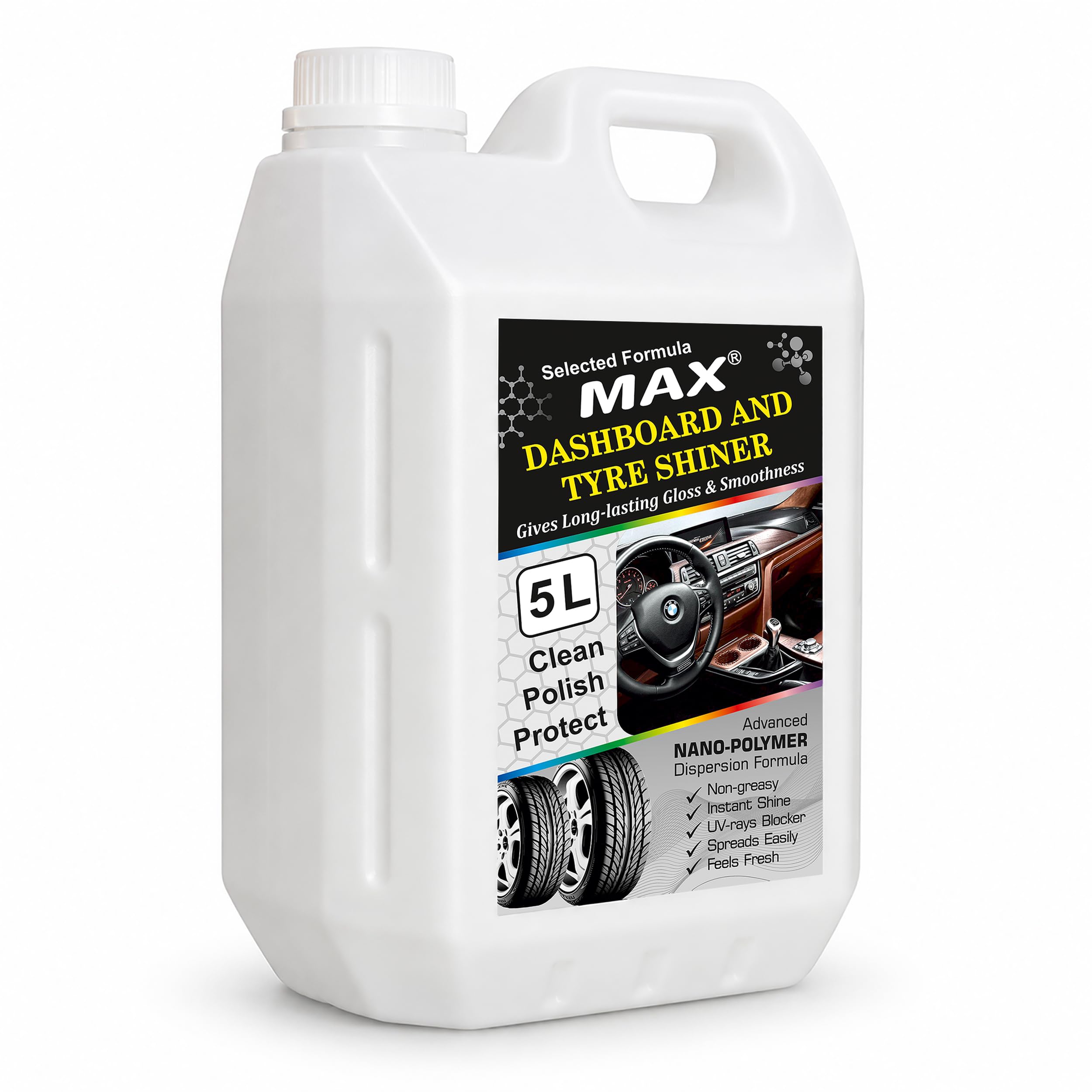 MAX 5 Ltr Dashboard and Tyre Shiner Spray with Instant Shine, UV Protection, Non-greasy, Long Lasting Gloss and Smoothness-picture-11