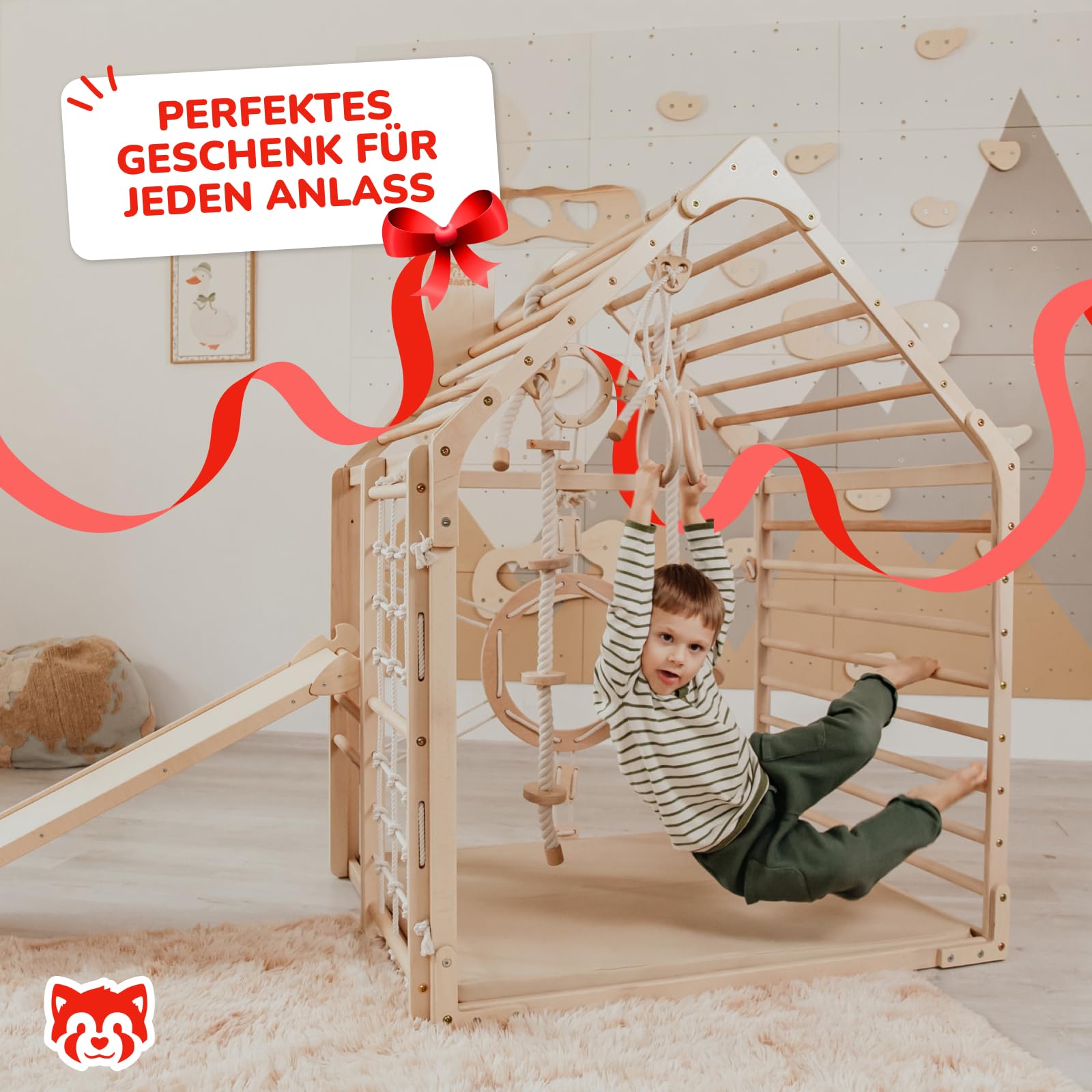 WoodandHearts Indoor Spielturm mit Rutsche & Schaukel – Kinderrutsche, Turnringe & Kletterseil – Baby Schaukel Indoor – Kletterwand Kinderzimmer & Spielhaus für Zuhause