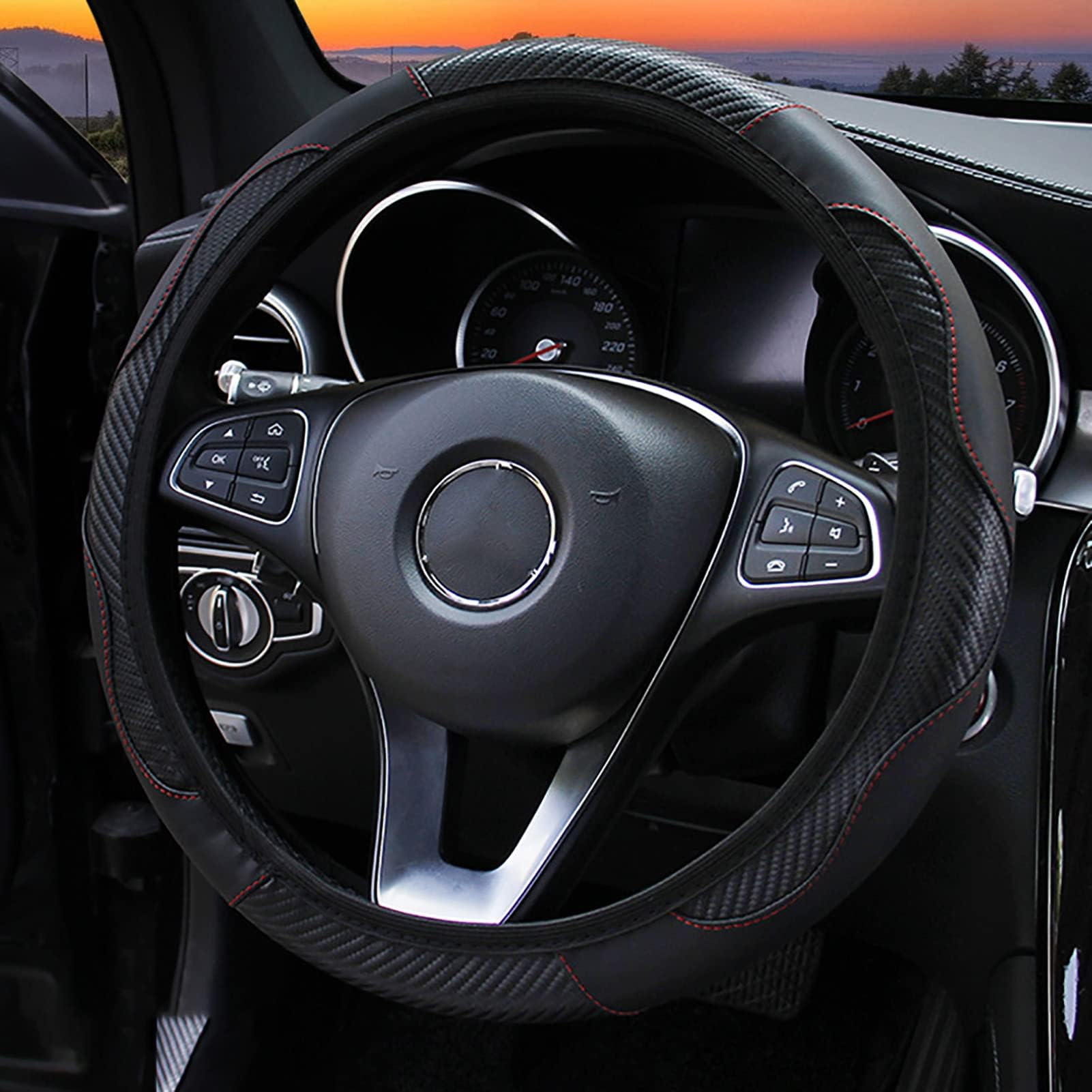 Xinwe Steering Wheel Cover, Carbon Fiber Style Car Steering Wheel Cover for Vehicle (Black)