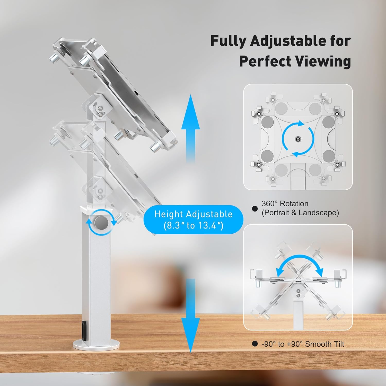 AboveTEK iPad Desk Grommet Mount, Adjustable Tablet Desk Mount with 360° Rotation & 180° Tilt, Fits 9.7"-13" Tablets, Anti-Theft iPad Stand, Heavy-Duty Aluminum Tablet Stand, Perfect for Work