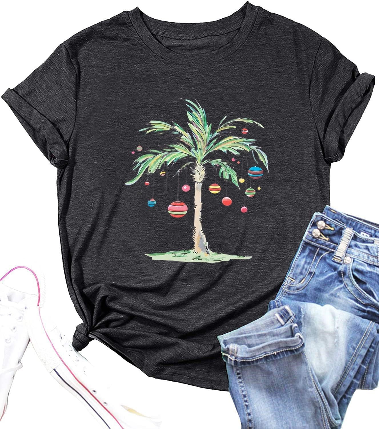 Christmas Palm Tree Shirts for Women Funny Hawaiian Beach Tropical Xmas Top Short Sleeve Casual Graphic Print T Shirt