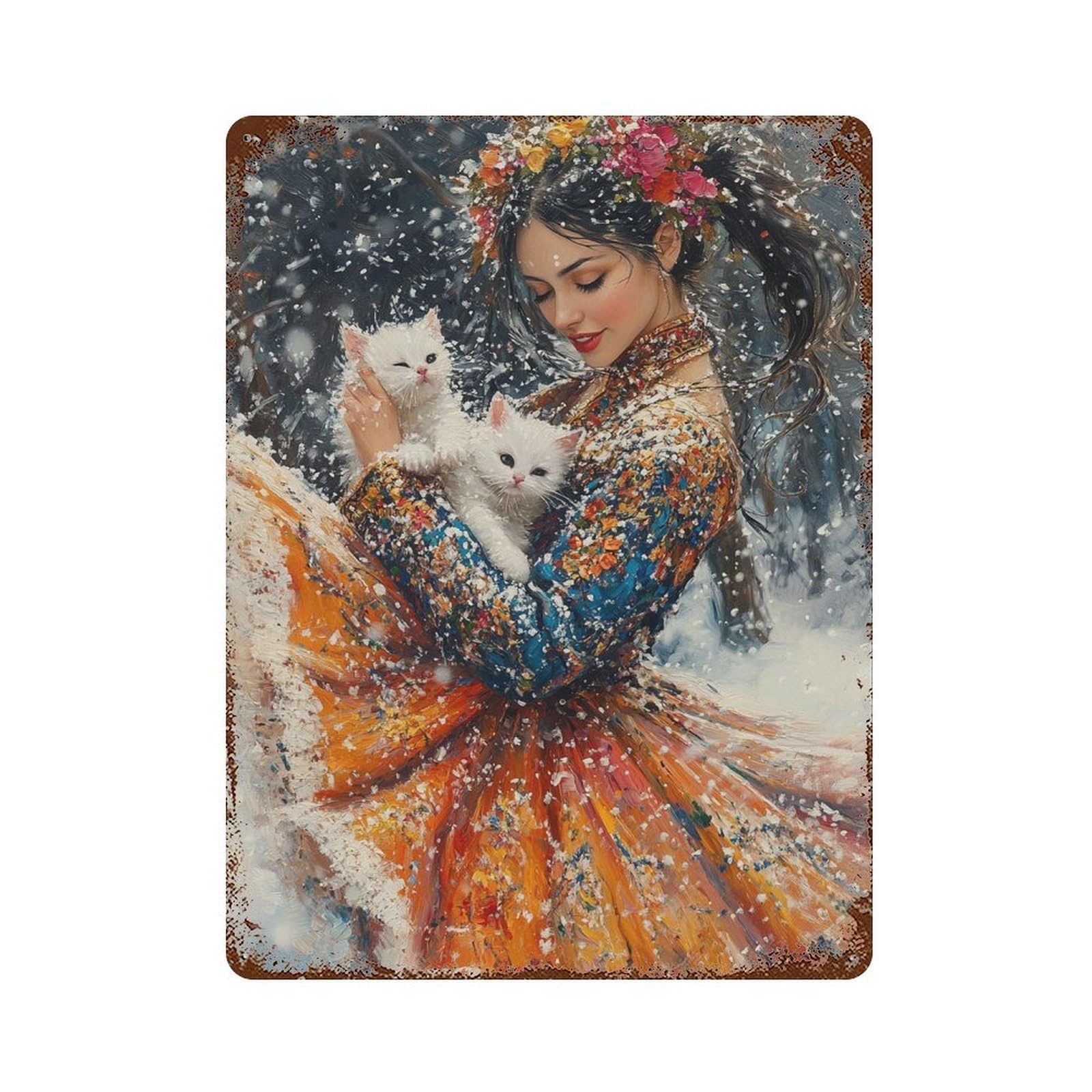 Winter Fantasy with Cats 15.7"x11.8" Aged Metal Wall Plaque, Classic Wall Plaque for Pub, Kitchen And Man Cave Decor