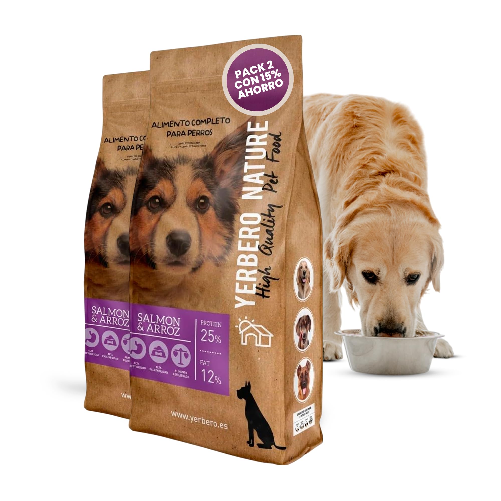 Yerbero Nature Salmón y Arroz Comida para Perros de Tamaño Mediano y Grande, Comida de Alta Digestibilidad Rica en Salmón,con 15% de Ahorro, Ingredientes para Nutrición Óptima Pack 2 de 10kg