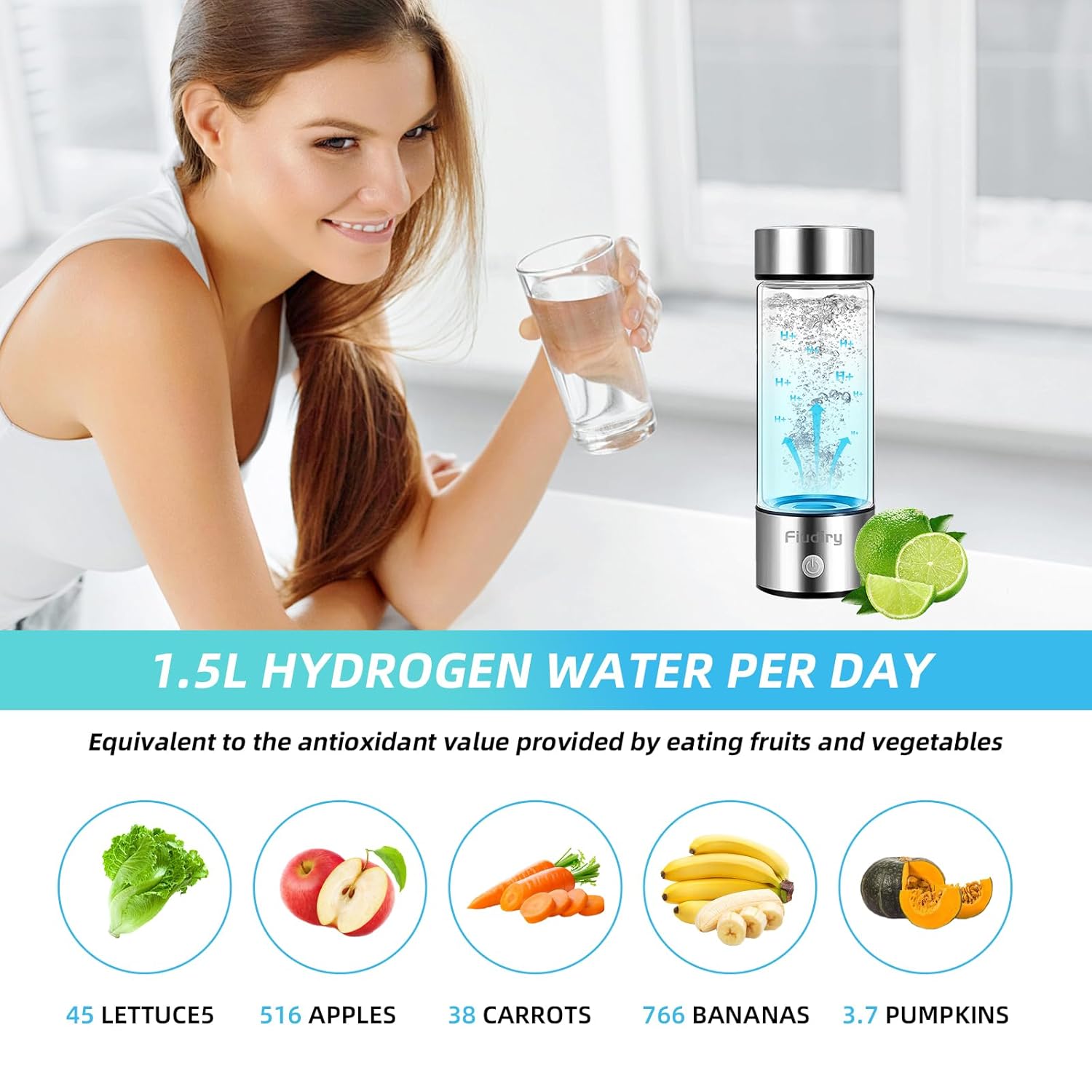Hydrogen Water Bottle, Fiudiry Hydrogen Water Generator Improve Water Quality in 3 Minutes with Advanced SPE and PEM Technology Hydrogen Water Machine for Office, Travel and Daily Drinking