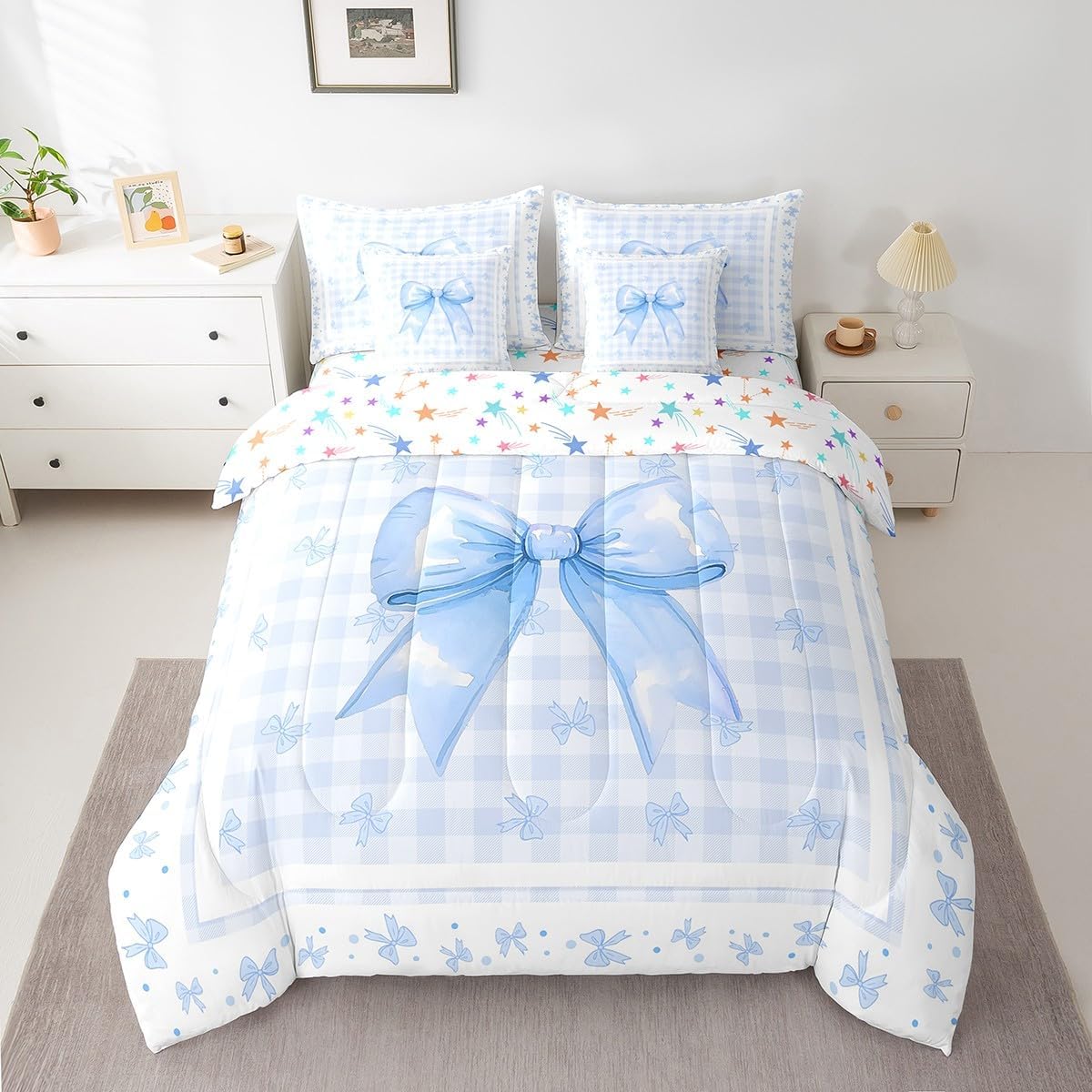 Erosebridal 7 Piece Blue Ribbon Bow Girls Queen Comforter Set with Sheets Kawaii Watercolor Plaid Bow Kids Bedding Set Girly Princess Bowknot Bed in A Bag,Cute Grids Bow Tie Bed Set with Comforter