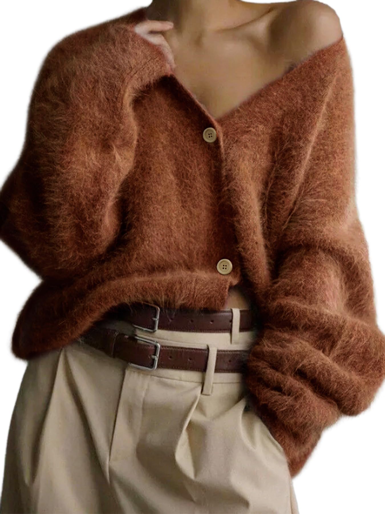 Melliflo Womens Fuzzy Mohair Button Down Cardigan Oversized V Neck Long Sleeve Sweaters Casual Loose Fit Solid Knit