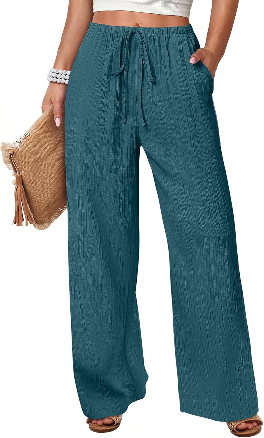 ANRABESS Women's Wide Leg Beach Pants Elastic Waist Lightweight Casual Flowy Palazzo Lounge Trousers with Pockets