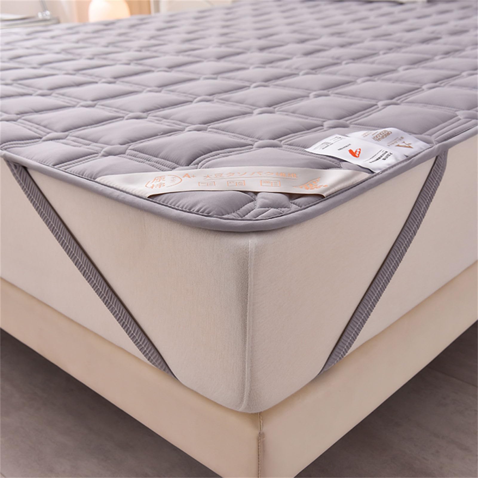 Odot Protector de Colchón Acolchado Color Sólido, Protectores de Colchón Funda de Colchón con 4 Bandas Elásticas Cubre Colchón Suave Comodo Sábana Protectora para Cama (150x200cm,Gris A)