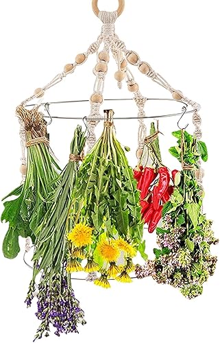 Estante de secado de hierbas bohemio de doble capa, colgadores de secado de flores de macramé con 15 ganchos, tejido hecho a mano, para colgar