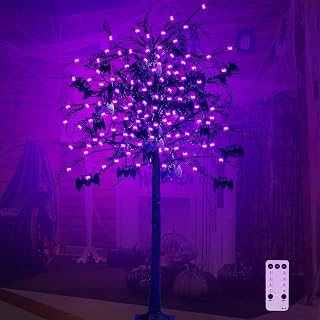 7ft Halloween Black Tree Decor with 98 LED Glitter Purple Spider Lights and 20 Bat Pendants Large Prelit Twigs Artificial Scary Ornament for Outdoor Indoor Party Tabletop DIY Decorations