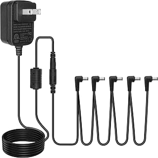 Pedal Power Supply Adaptor Blocs d'alimentation pour pédales 9V DC 1A Tip Negative Charging Adapter Wall Charger Plug with 5 Way Daisy Chain Cables Cords for Guitar Bass Effects Pedal Casio Keyboard