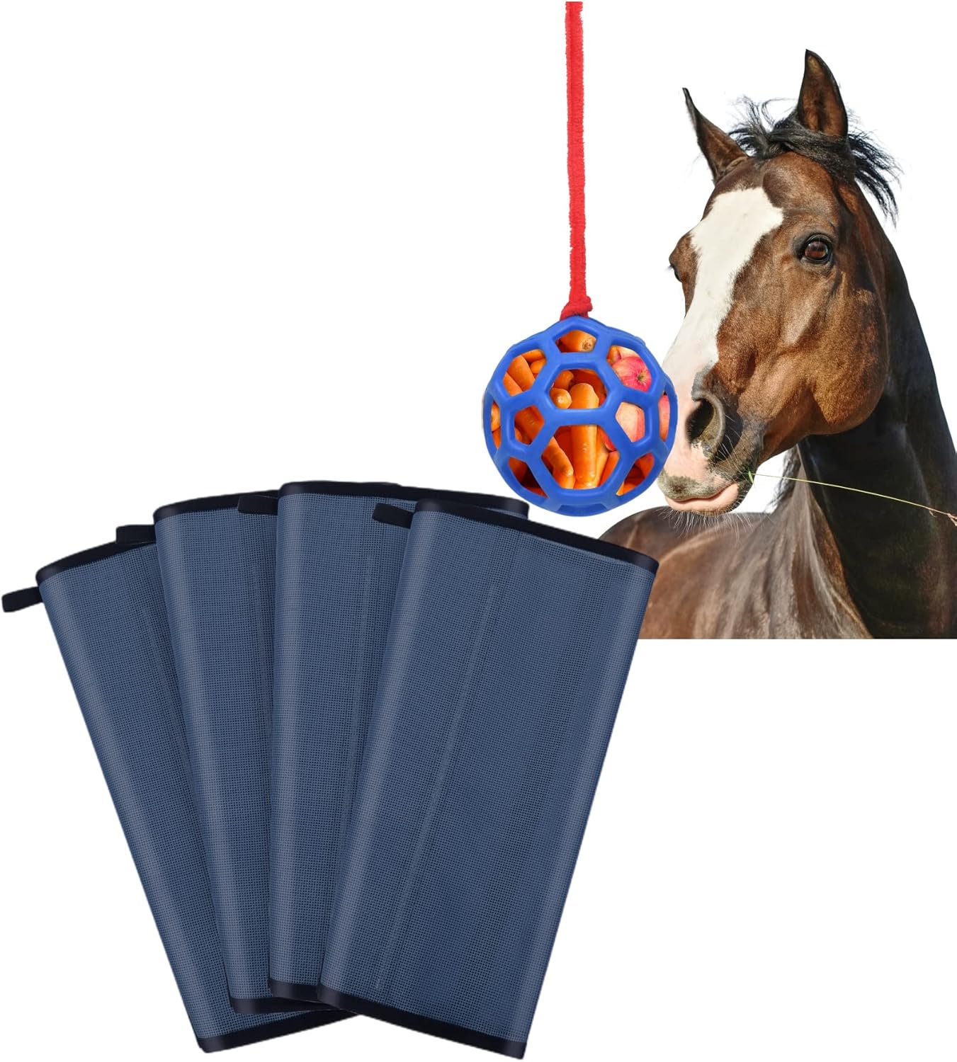 Horse Toy Stall Feeder Ball Horses Fly Boots Set of 4 for
