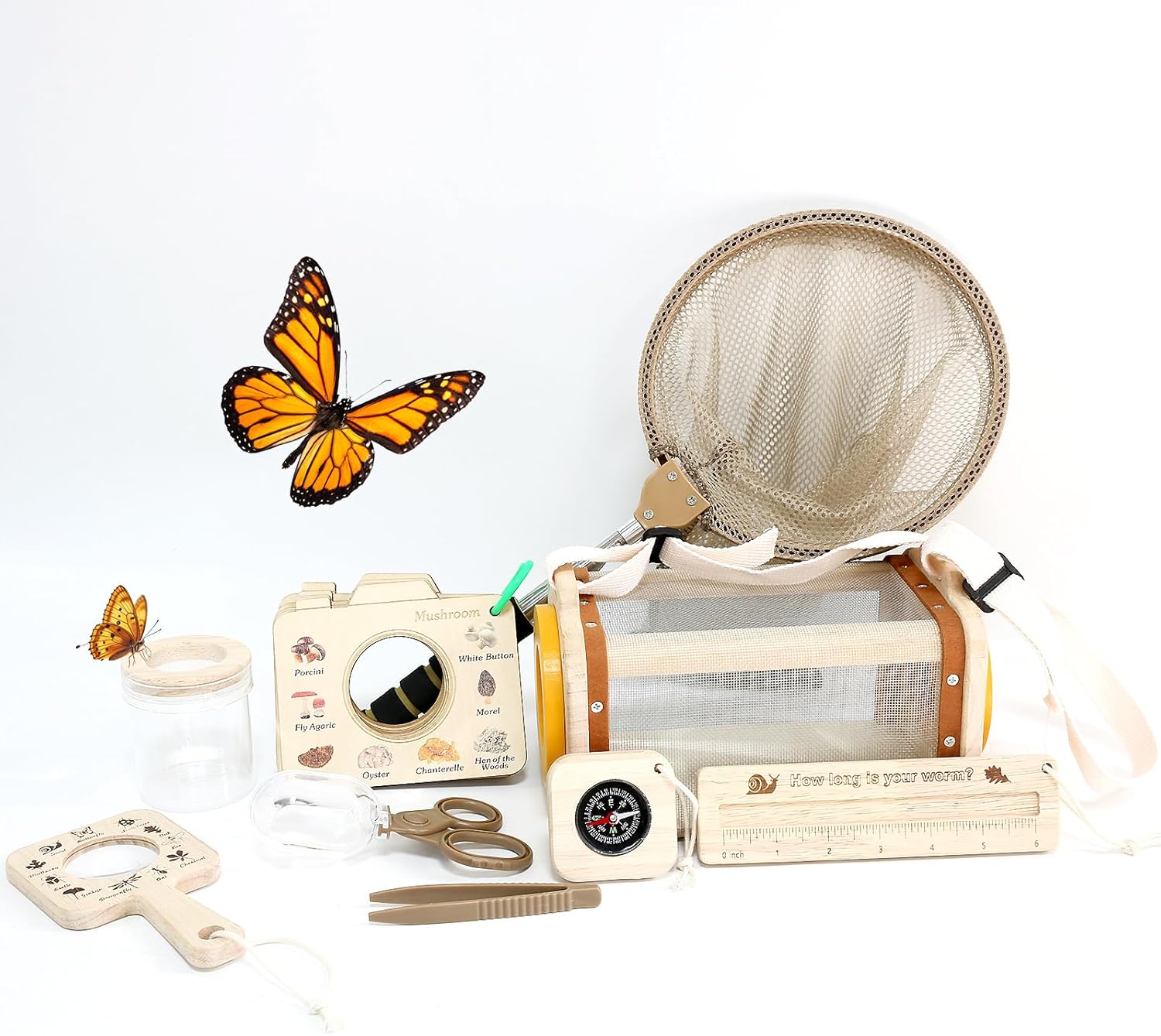 Bug Catcher for Kids 8Pcs Insect Exploration Kit with Butterfly Net Magnifying Glass Bug Habitat Tweezers Compass Outdoor Toys for Toddlers, Butterfly Kit