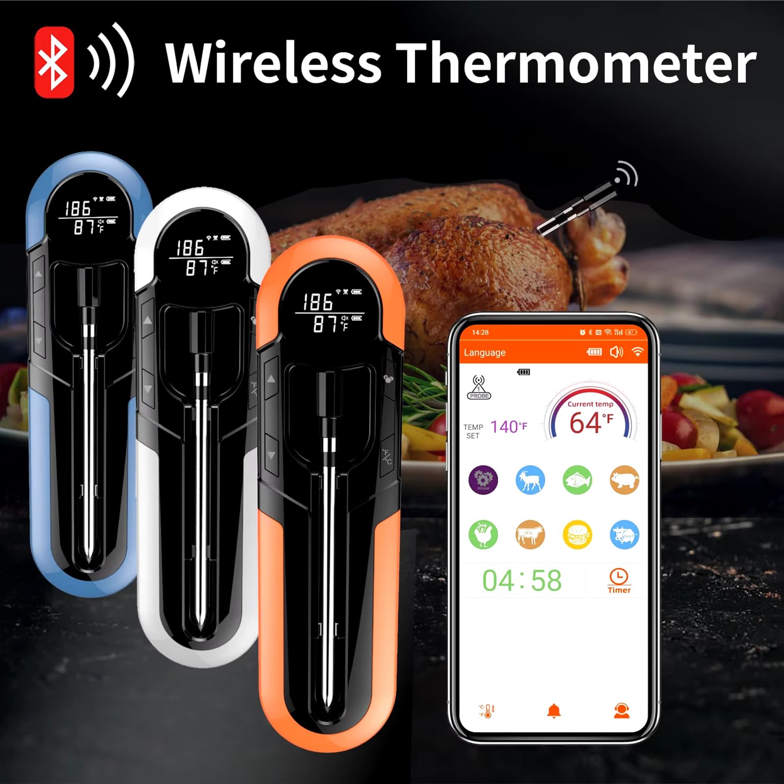 Thermomètre à viande sans fil, thermomètre à viande sans fil Bluetooth intelligent avec commandes APP et étanche IP66, thermomètre de cuisson numérique de portée 500 pieds, thermomètre alimentaire