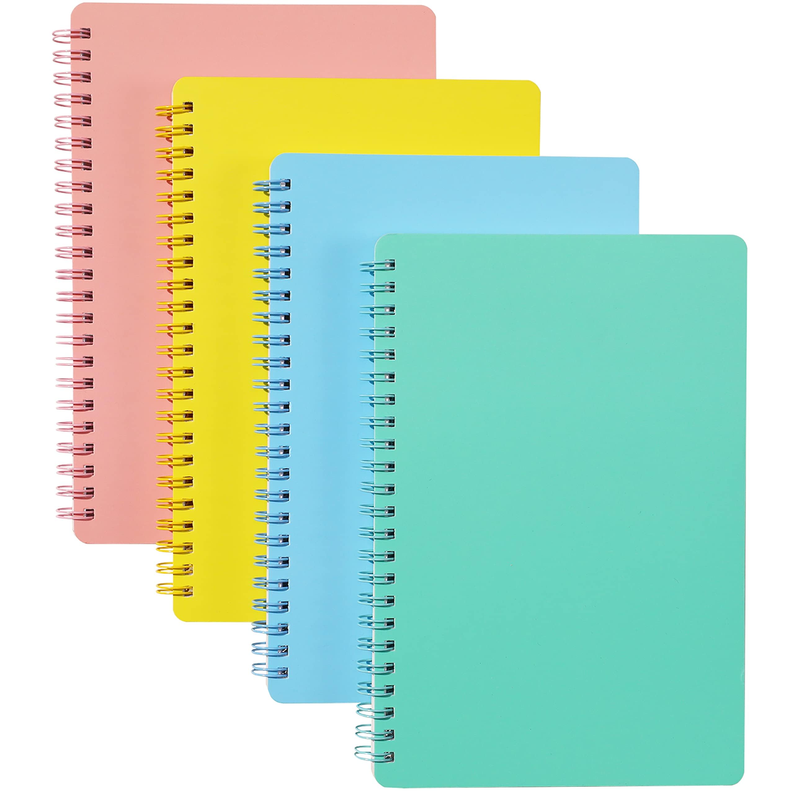 Spiral Notebooks, 4 Pack A5 College Ruled Paper, 8.3x5.9inch Thick Plastic Hardcover Soft Cover Notebooks with Twin-Wire Binding, Portable 80 Sheets Lined Paper for Office Study and Notes, 4Color