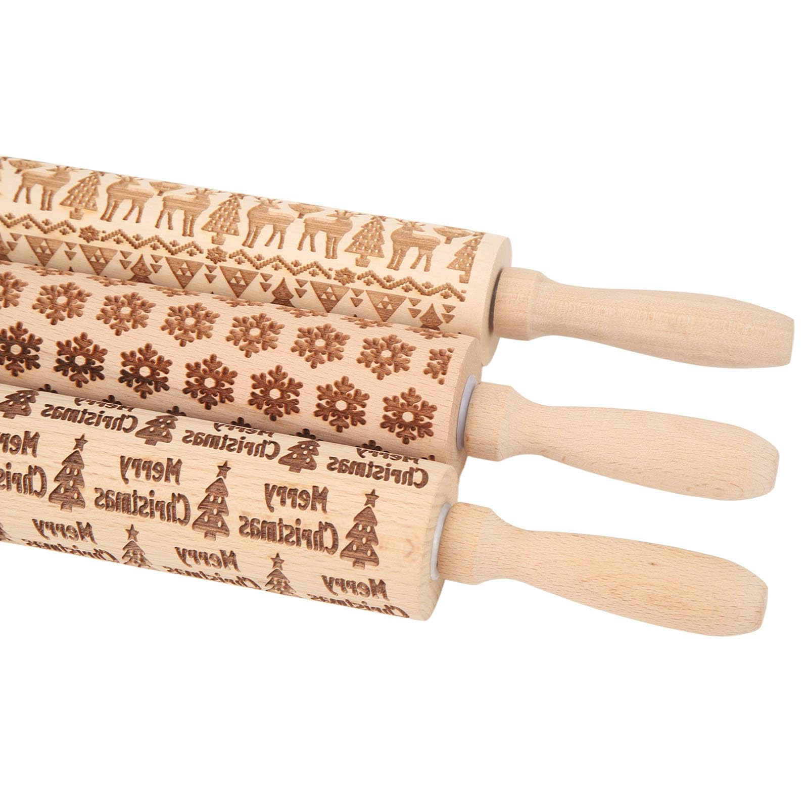 Rodillo en Relieve de 3 Piezas, Rodillos de Amasar en Relieve de Madera con Flor de Copo de Nieve Navideña, Renos y Rodamientos de Árbol de Navidad, Rodillos para Hornear