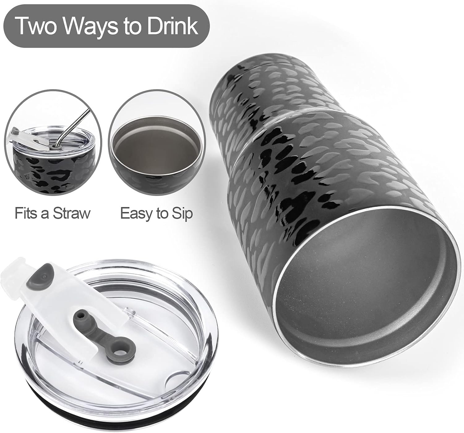D·S 30oz Black Leopard Tumbler Stainless Steel Insulated Travel Mug with Straw Lid Cleaning Brush - Image 3