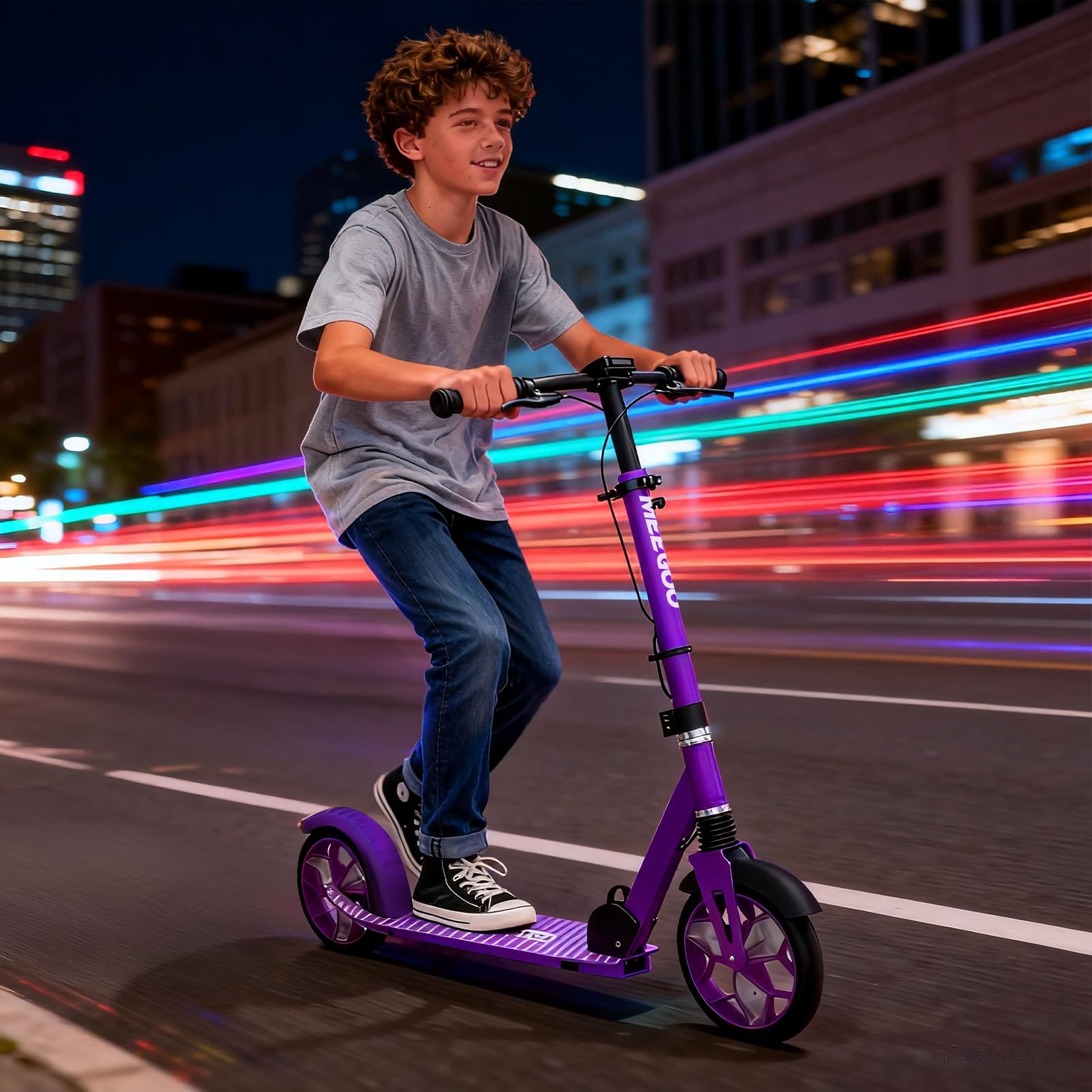 Monopattino Pieghevole MEE GOO Per Bambini E Ragazzi – Ruote Da 8" Con Luci LED, Doppio Freno A Mano E Posteriore, Manubrio Regolabile 3 Altezze, Fino A 100 Kg