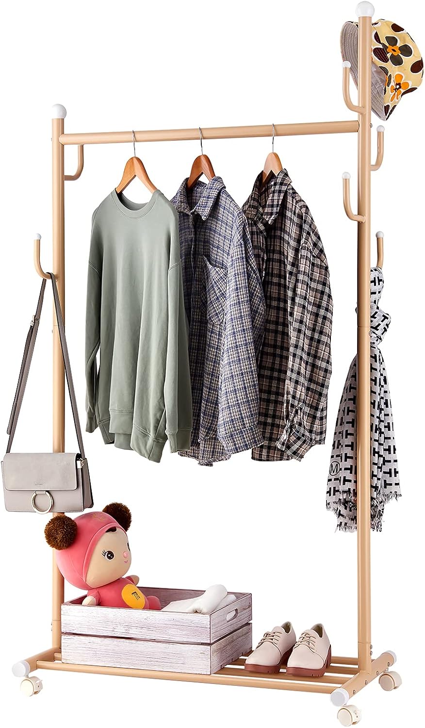 SINGAYE Clothes Rack 2-in-1 Coat Rack Rolling Garment Rack with Bottom Shelves, 7 Side Hooks, Lockable Wheels, Rolling Closet Organizer (Golden)