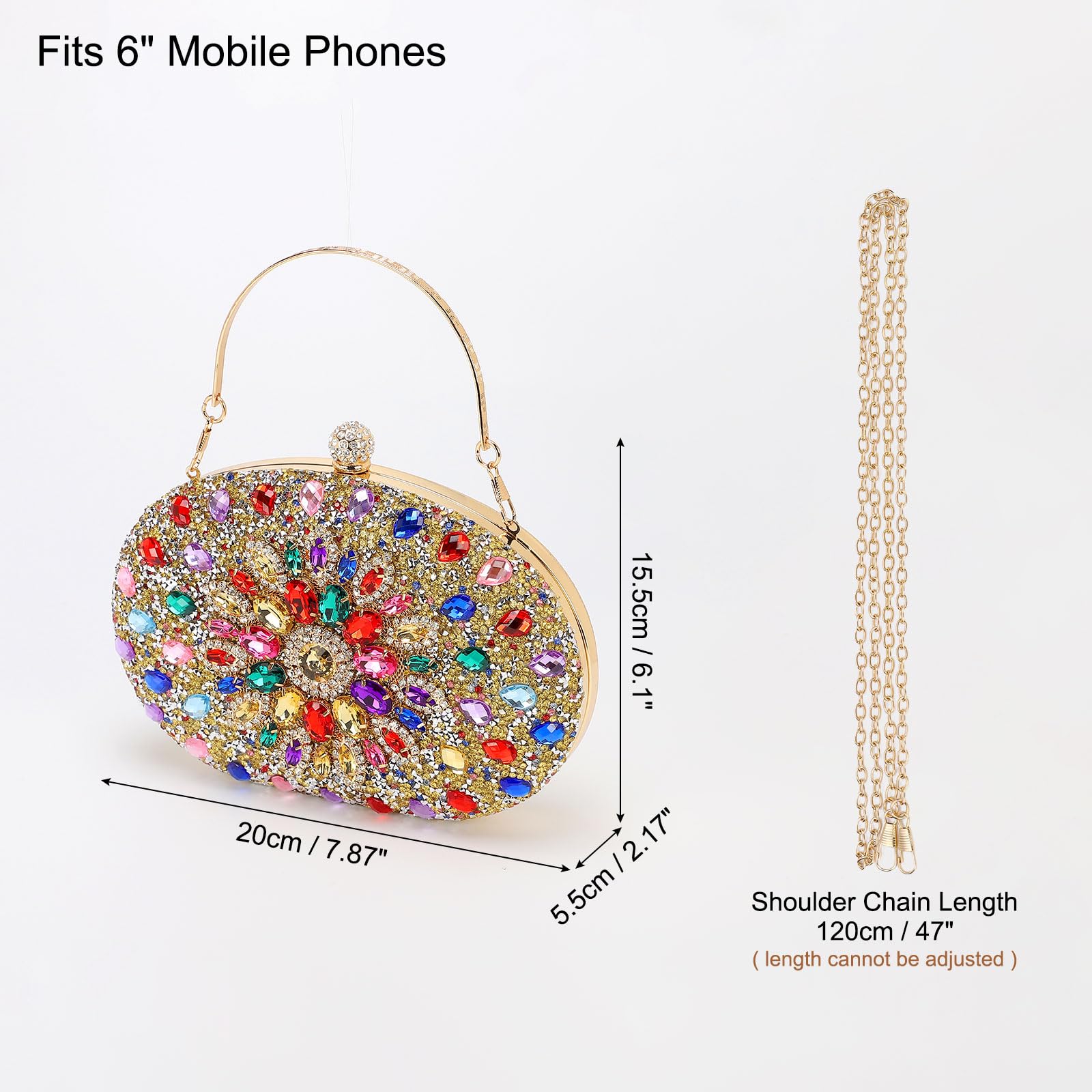 uxcell Evening Bags for Women, Sparkly Crystal Rhinestone Clutch Purse with Chain Strap Shoulder Bag Handbag for Wedding Party Evening Weekend, Colorful-Gold