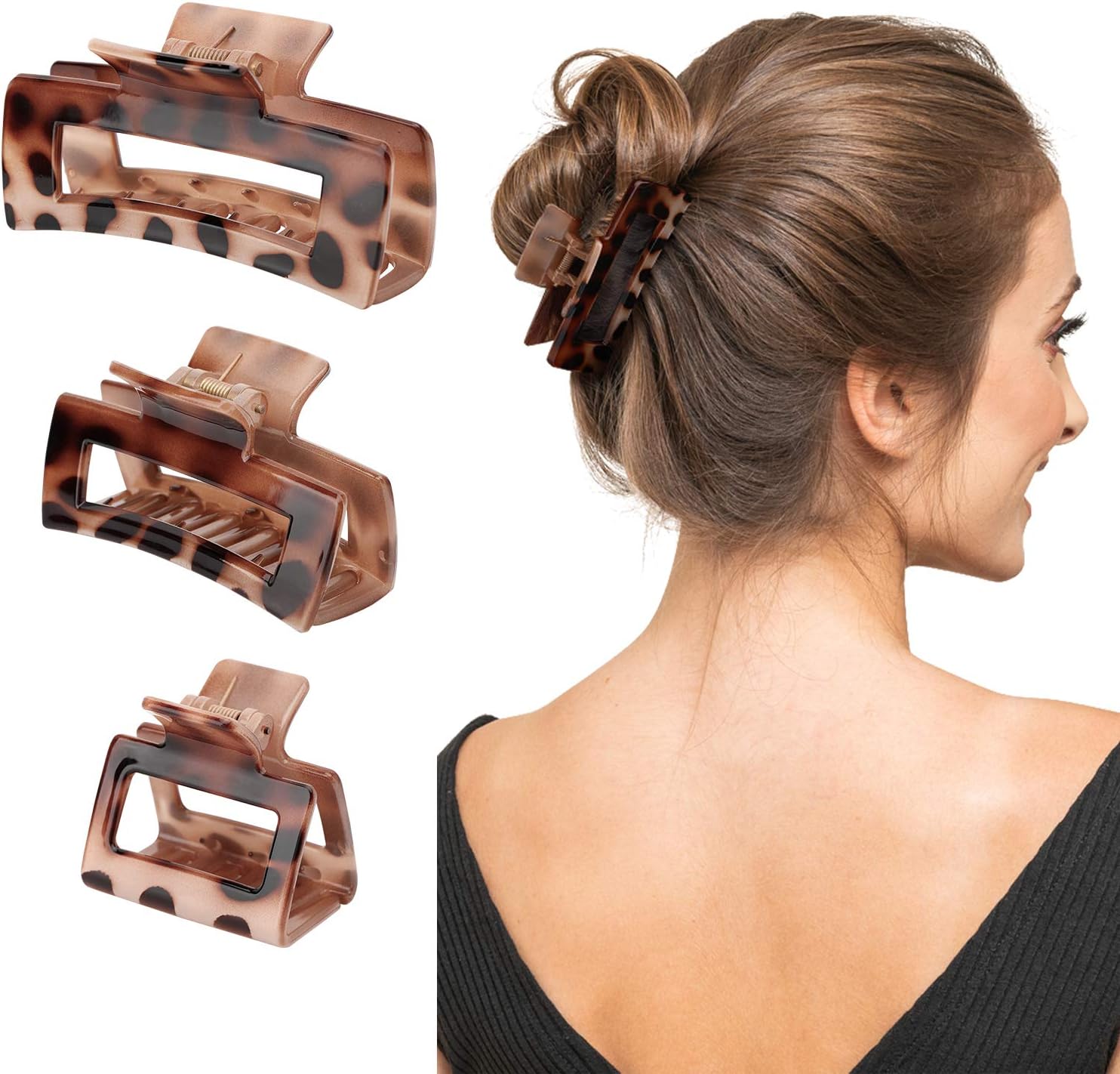 Shinowa Hair Claw Clips, 3 Pieces Leopard Print Claw Clip, Strong Hold Hair Jaw Clips for Thick Hair, Hair Accessories for Women Girls, Coffee Leopard Print