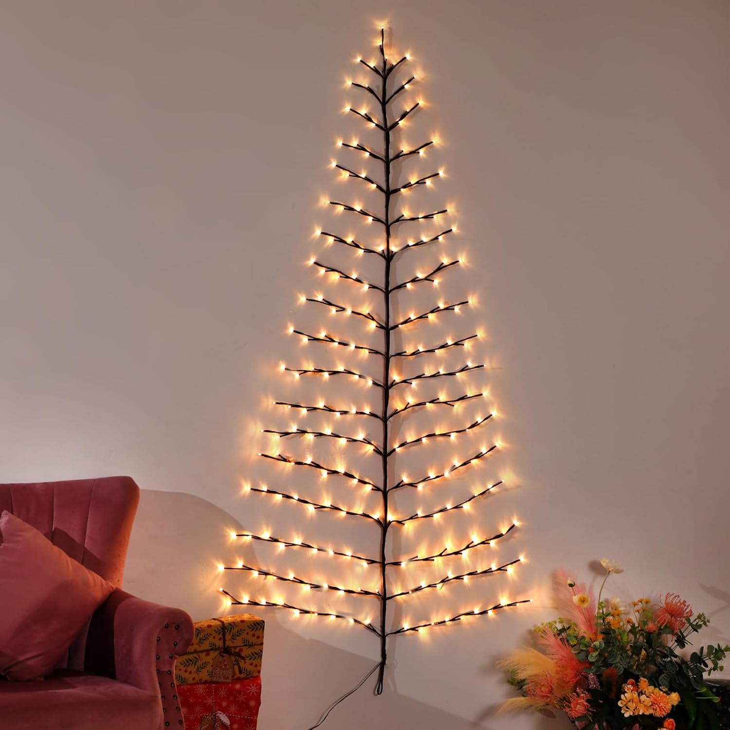 Lighted Christmas Wall Tree 4FT 111LED Warm White for Home Decor, Half Hanging Tree Lights for Living Room Wall Decoration