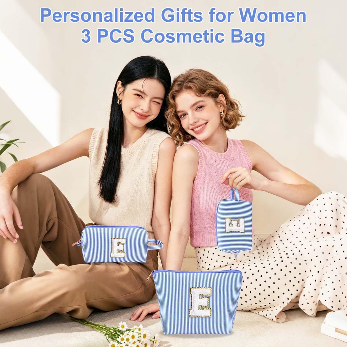 3 PCS Initial Makeup Bags for Women - Cosmetic Bag for Travel Toiletry Personalized Cute Makeup Pouch Birthday Gifts for Grilfriend Wife Moms Bridesmaid Retirement Travel Gifts - Blue C image 5