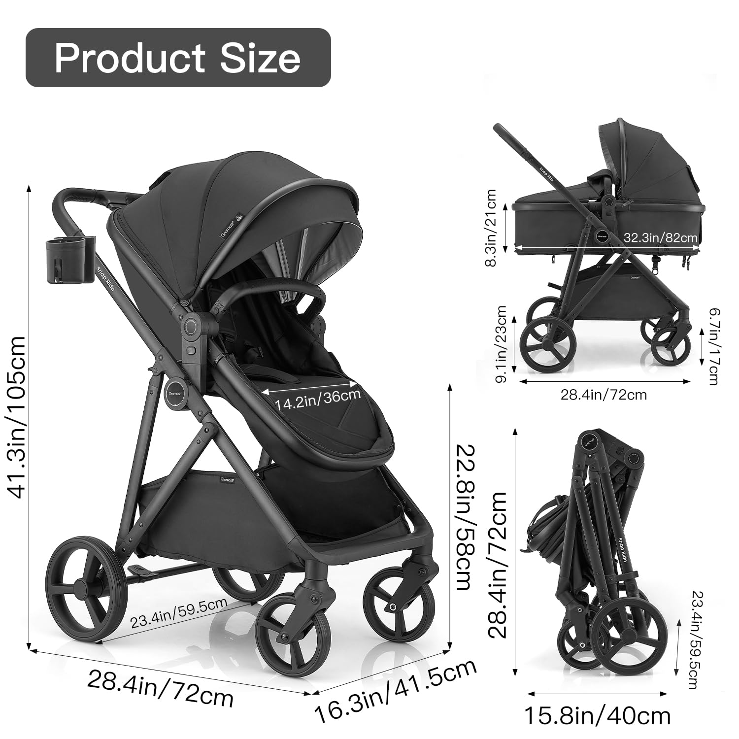 Gromast Cochecito 3 en 1, cochecito convertible para recién nacidos y niños pequeños con asiento reversible, capota con protección UPF 50+ y portavasos - Negro