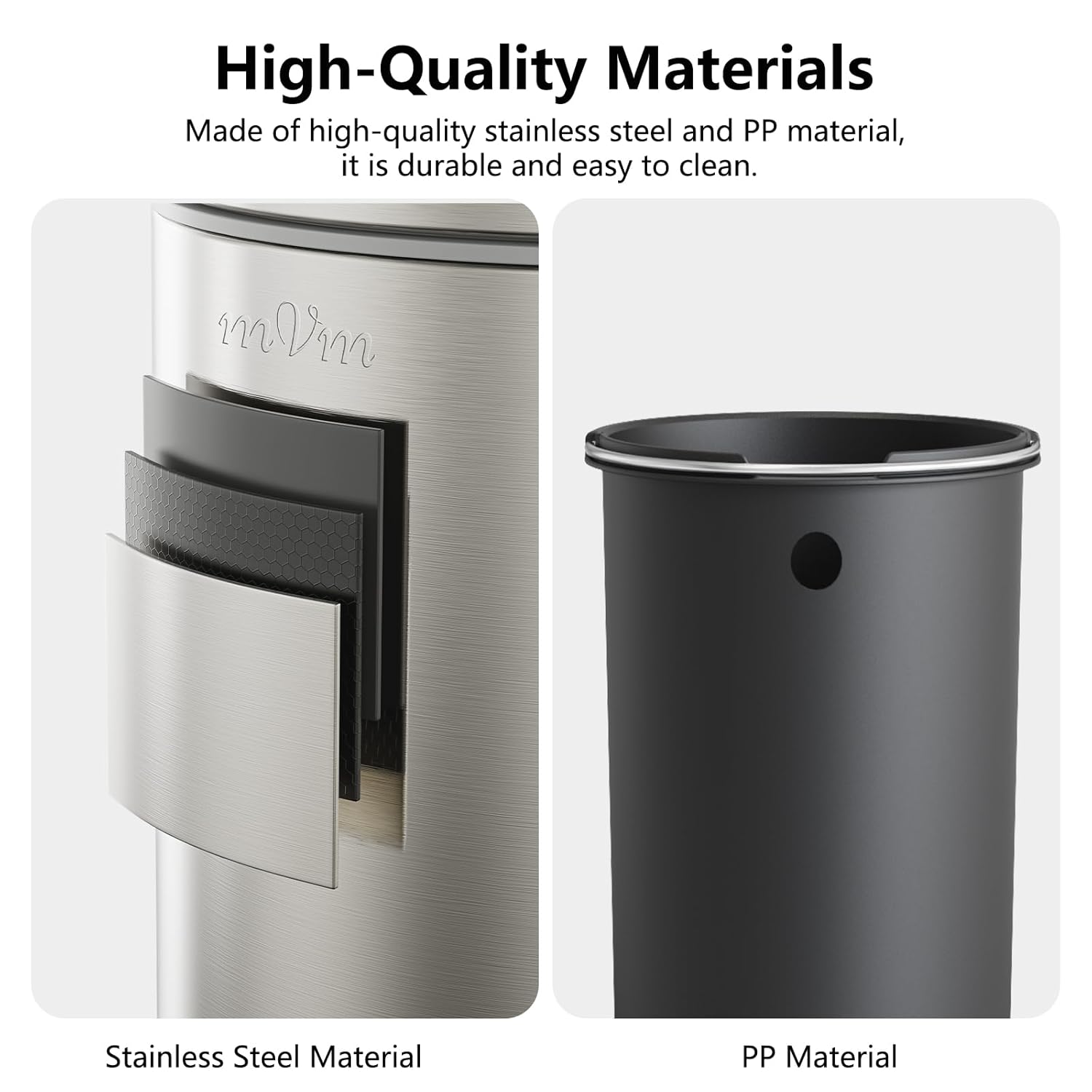 mVm Trash Can Set, 8 Gallon(30L)+1.3 Gallon(5L) Kitchen Bathroom Trash Cans Combo, Step Round Brushed Stainless Steel Garbage Can with Lid, Anti-Fingerprint,Soft-Close,for Home Office(Silver)