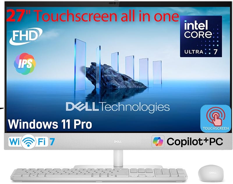 Computadora de escritorio con pantalla táctil todo en uno Dell 27, 32 GB de RAM DDR5, SSD de 1 TB | Intel 8 Core Ultra 7-355, 27" FHD IPS Touch, PC Copilot+, Wi-Fi 7, 99% sRGB, RJ-45, Win 11 Pro, Wi-Fi 7, KB y mouse inalámbricos