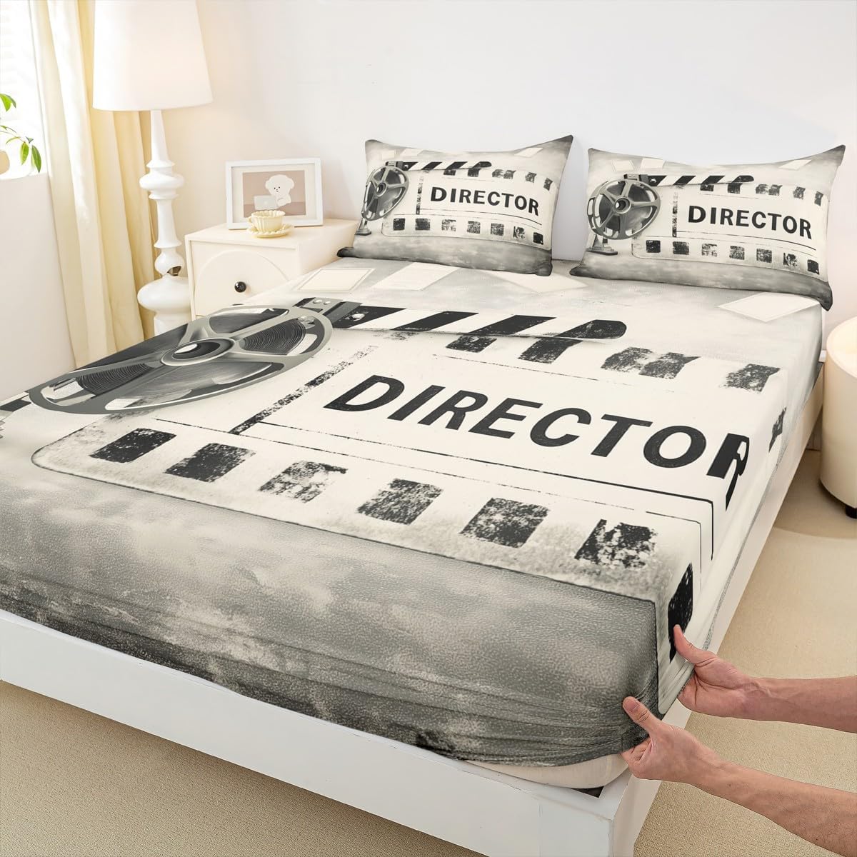 Erosebridal Vintage Film Theme Bedding Set Movie Theater Filmstrip Print Fitted Sheet, Grunge Old Movie Reel Director Megaphone Bed Sheets Retro Design Decorative Sheets Full Size, No Top Sheet