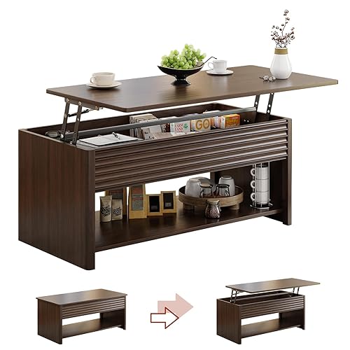 Miniatura 12 de Mesa de Centro con Tapa Elevable Acanalada con Almacenamiento Oculto y Abierto, Mesa de Centro Rectangular Moderna para Sala de Estar, Elevación