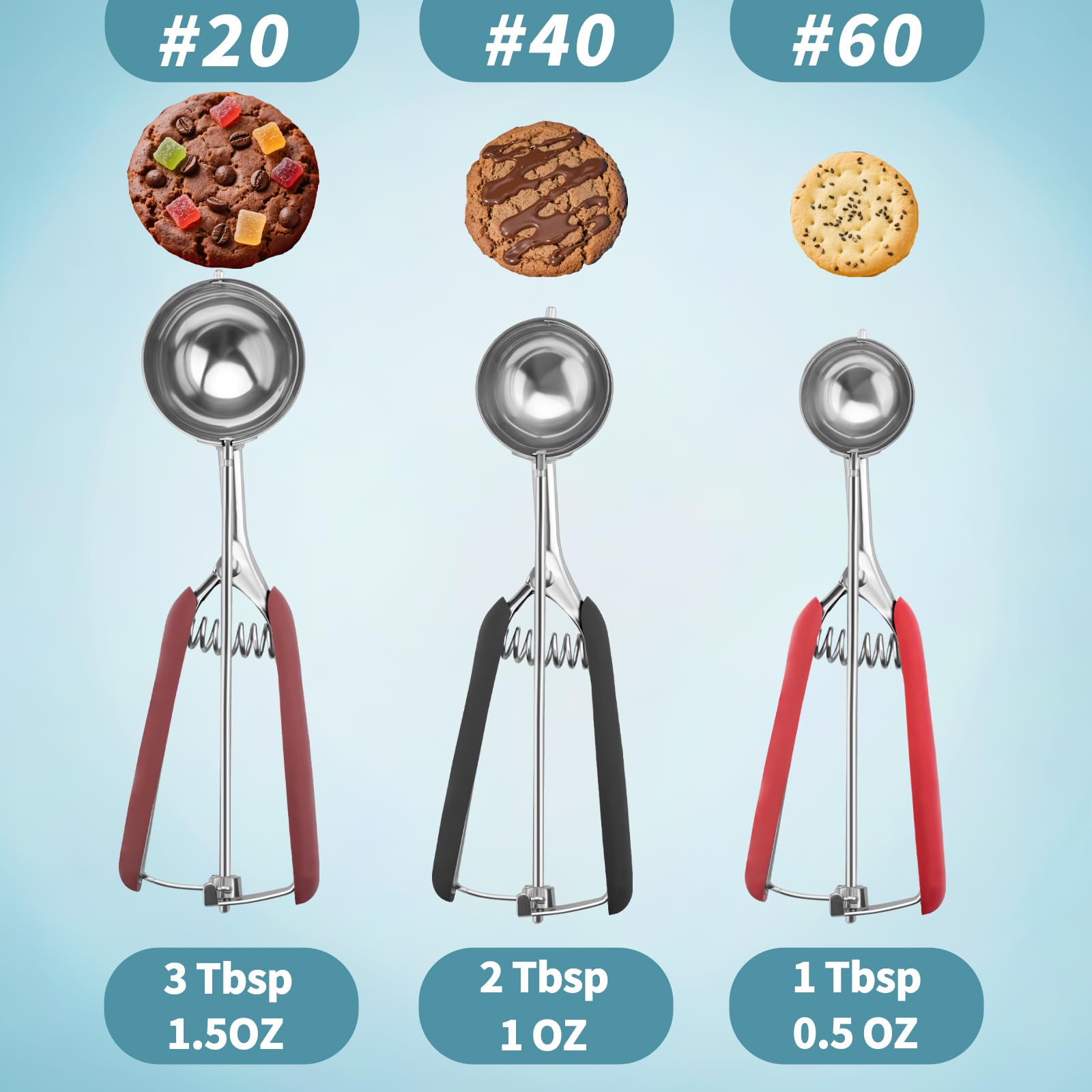 Set 3 Pezzi Porzionatore Gelato e Impasto, Cucchiaio Dosatore Biscotti Acciaio Inox 18/8