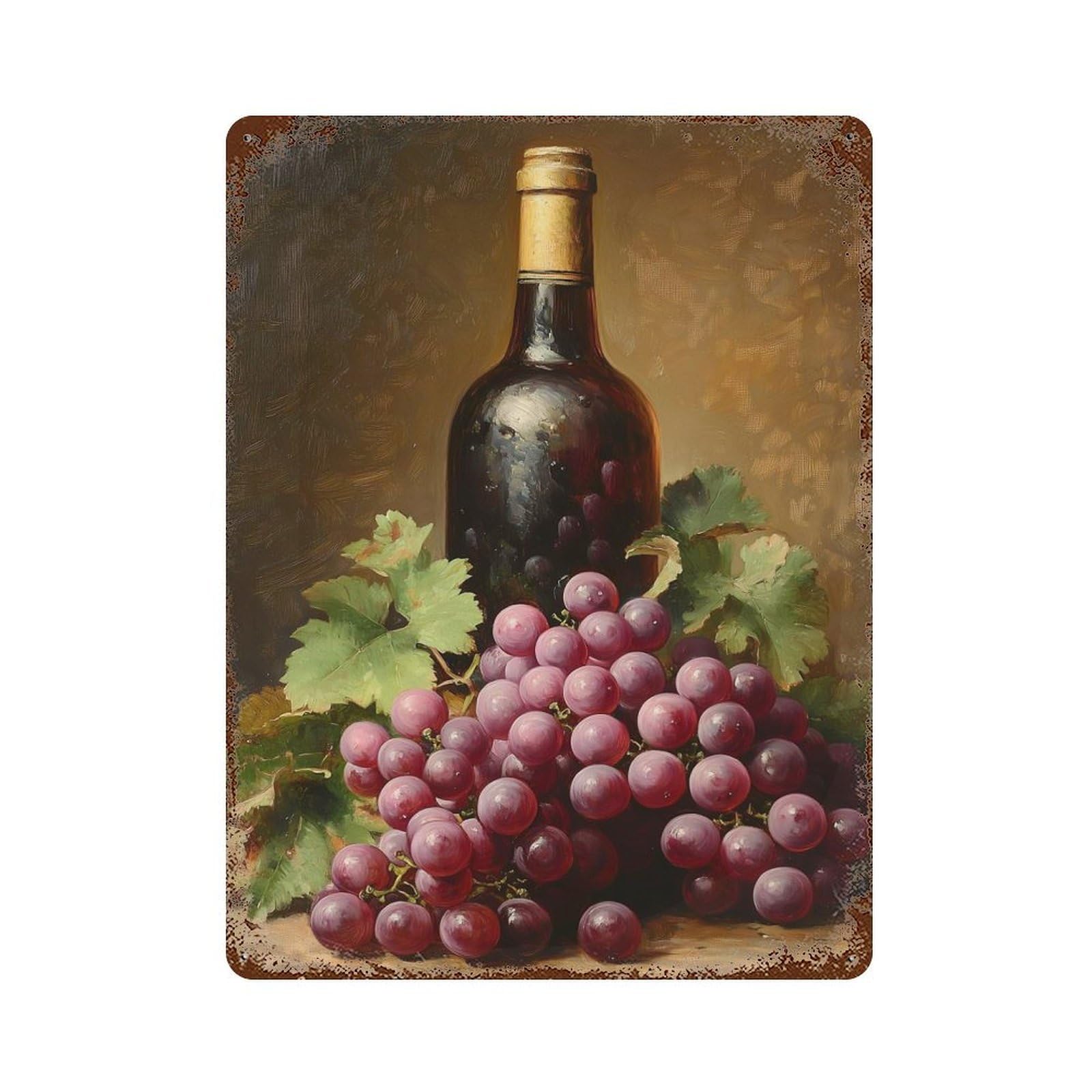 Rust Effect Wine And Grapes Still Life Aged Metal Wall Plaque 15.7"x11.8", Farmhouse Wall Decor for Office, Studio And Wall Decor