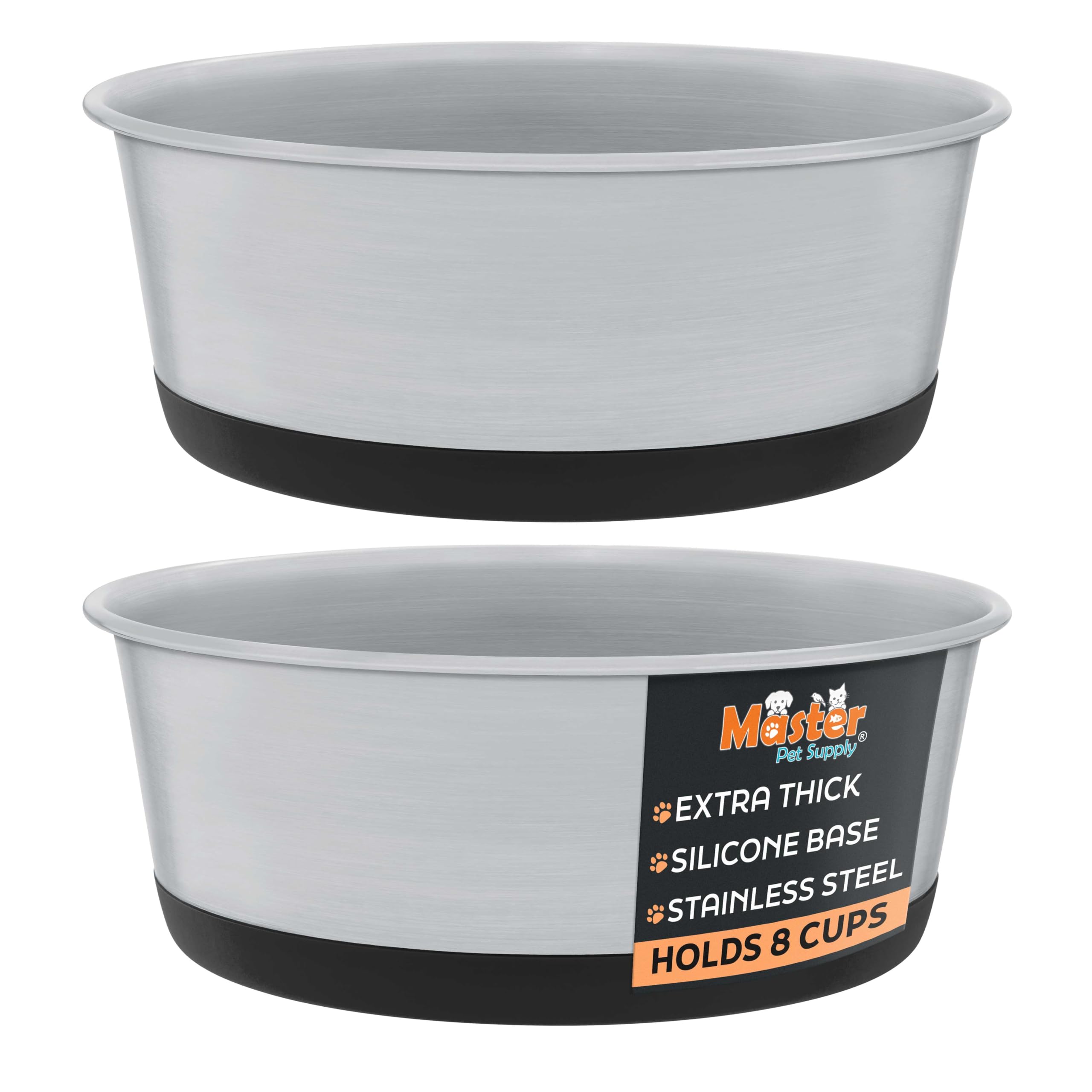 Master Pet Supply Stainless Steel Dog Bowls Set of 2 with Extra Thick Silicone Base - 8 Cup