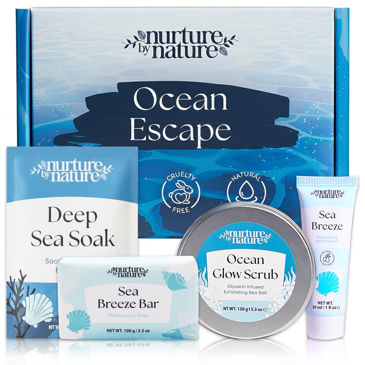 Nurture by Nature Ocean Escape Spa Gift Baskets for Women - 4 Piece Ocean Home Self Care Gift Set with Body Scrub, Bath Salts, Soap & Hand Cream -