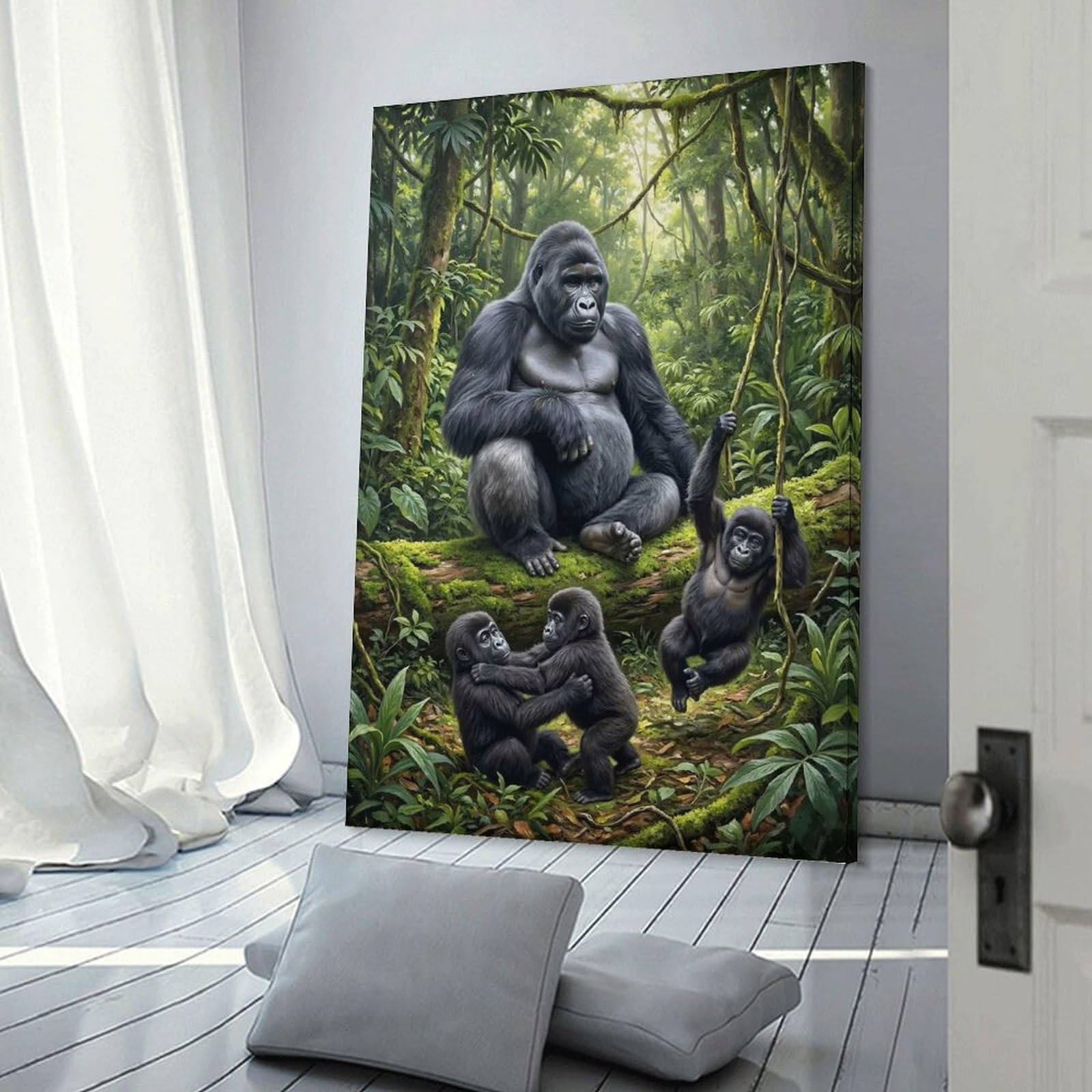 Junmoney Gorilla Family in Lush Jungle Home Decor Wall Art 16x24inch(40x60cm), for Office, Study Or Home Workspace, Home Office Artwork with Decorative Appeal