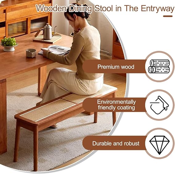 JHDXL Indoor Bench Wicker for Entryway Bench, Solid Wood Dining Bench, for Living Room, Dining Room, Hallway, Bedroom, Entryway, Bathroom(Brown,80cm/31.5in)