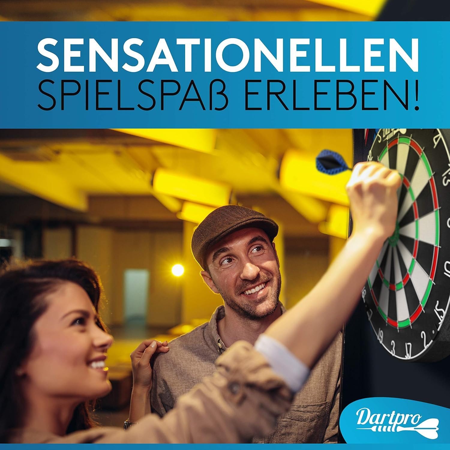 DartPro - DAS ORIGINAL - Dartscheibe mit Pfeilen - Profi Steeldartscheibe aus hochwertigstem Sisal - Dartboard inkl. Montageset - Dart Scheibe mit 6 Gratis Dartpfeilen