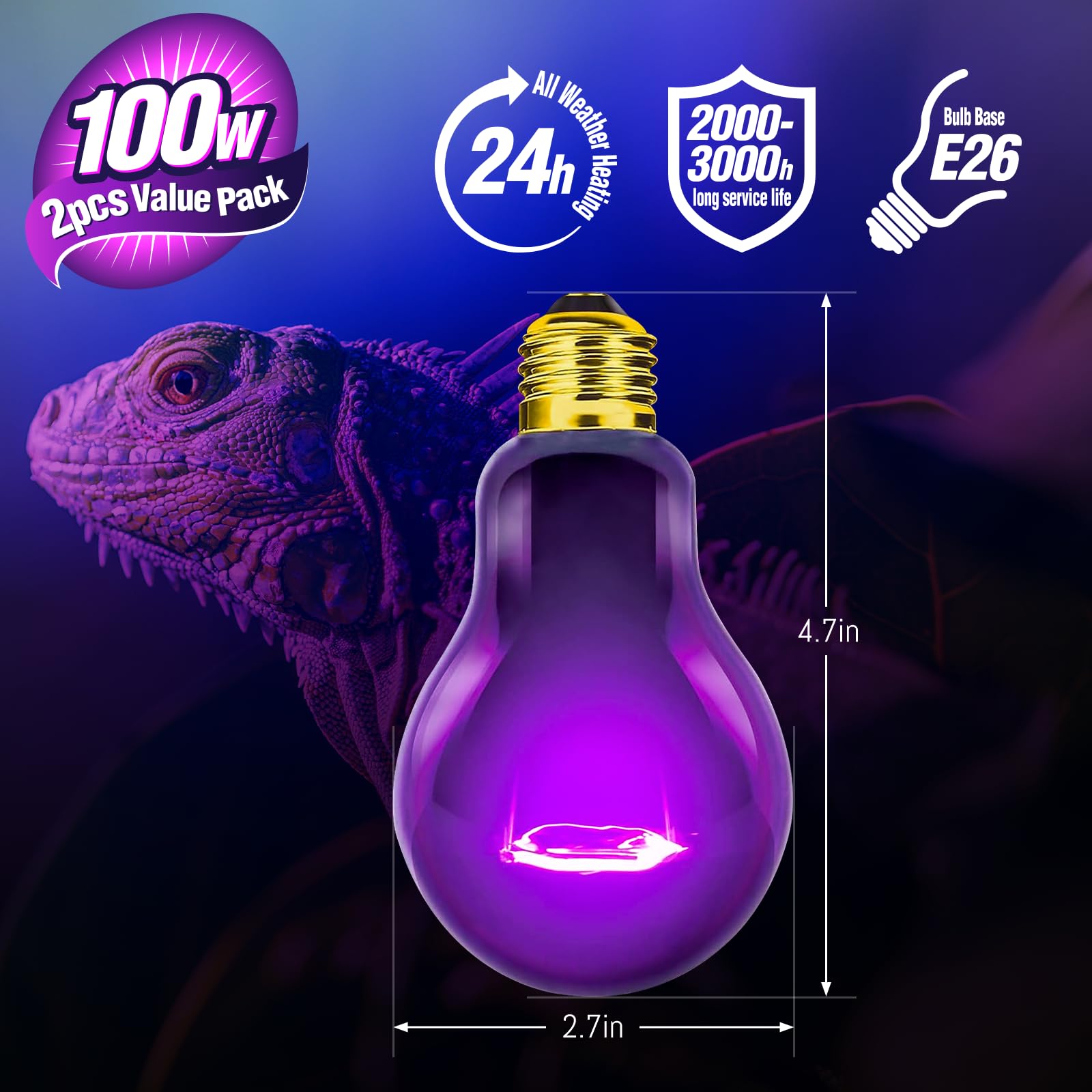 Leoterra Reptile Night Heat Lamp 2-Pack 100W - Purple Moonlight Simulation Bulb 40+Gallons Tank Use for Chameleons, Snakes, Green Iguanas Lizard Use 120V E26 Base 2000+ Hours Long Life - image 2