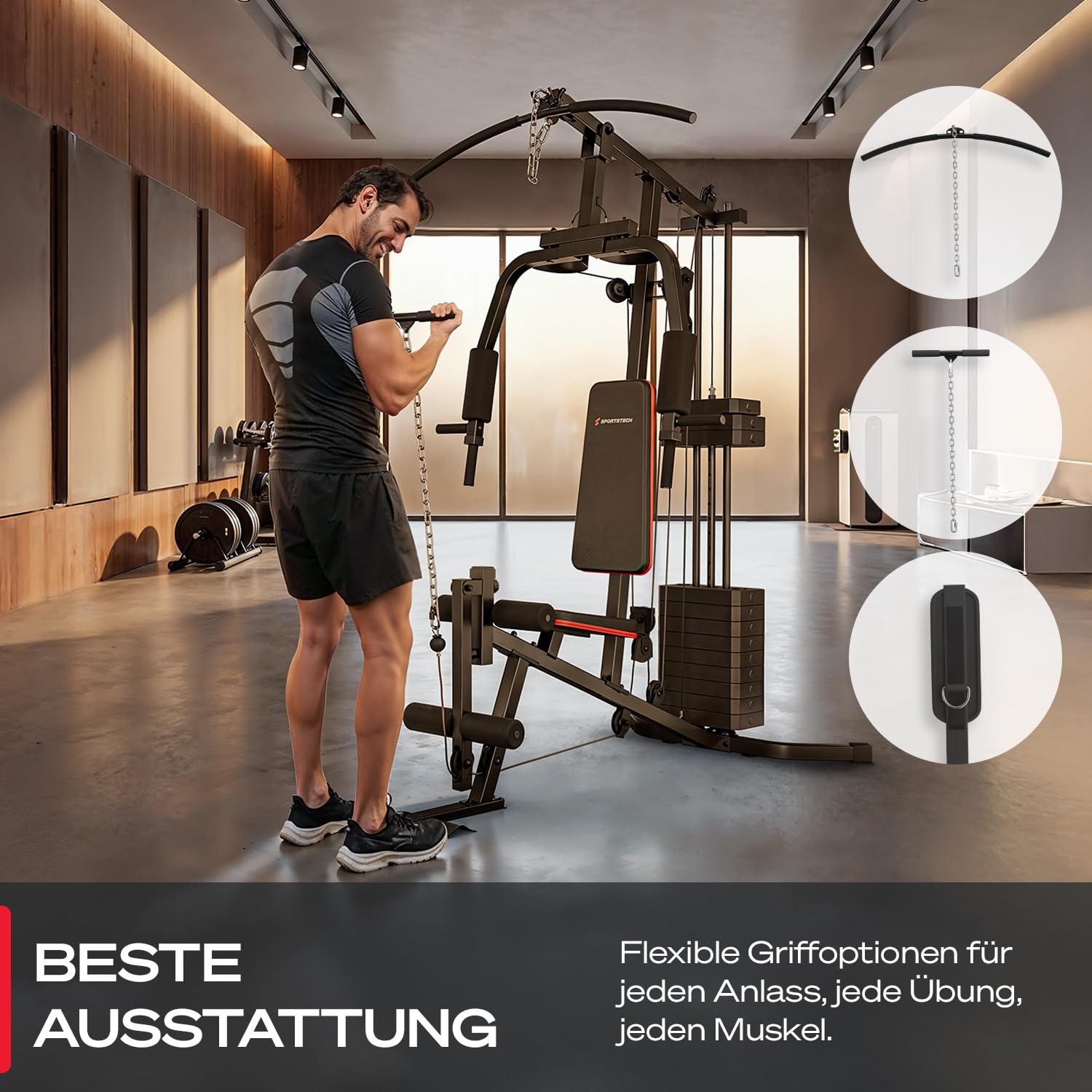 Kraftstation für zuhause, Multifunktion Fitnessstation, Bauchtrainer, Home Gym, 60 kg Gewichte, Butterfly, Beinstrecker, Latzugstange, Bizepscurl, Ganzkörpertraining, Multigym, HGX50
