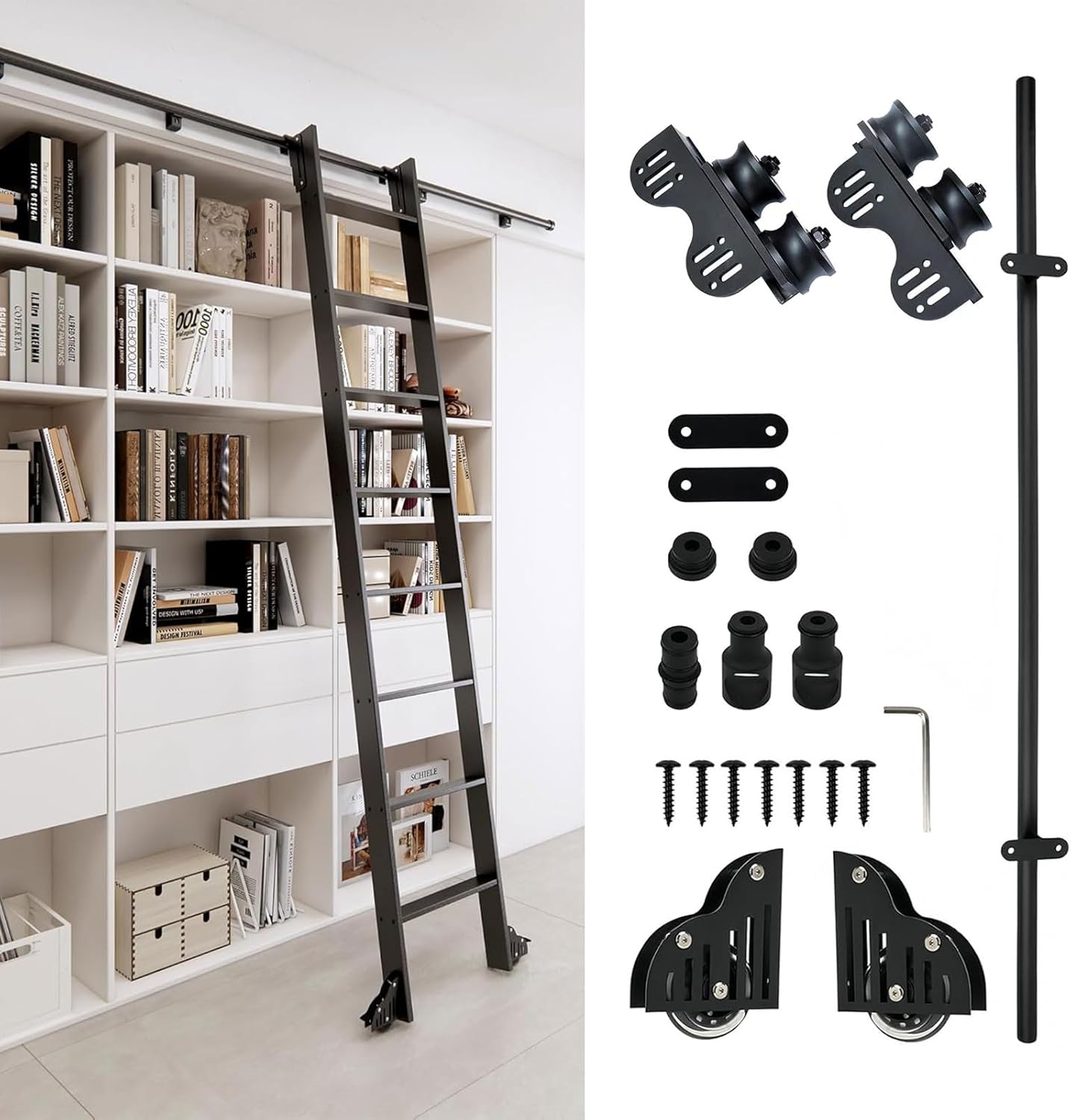 100cm-720cm Telescopic Sliding Ladder Hardware 3.3ft 4ft 6.6ft 8ft 10ft 13ft 20ft Black Metal Track/Rail - Stand Up Tensible Rolling Library Ladder Hardware Kit(13ft/400cm Track ki