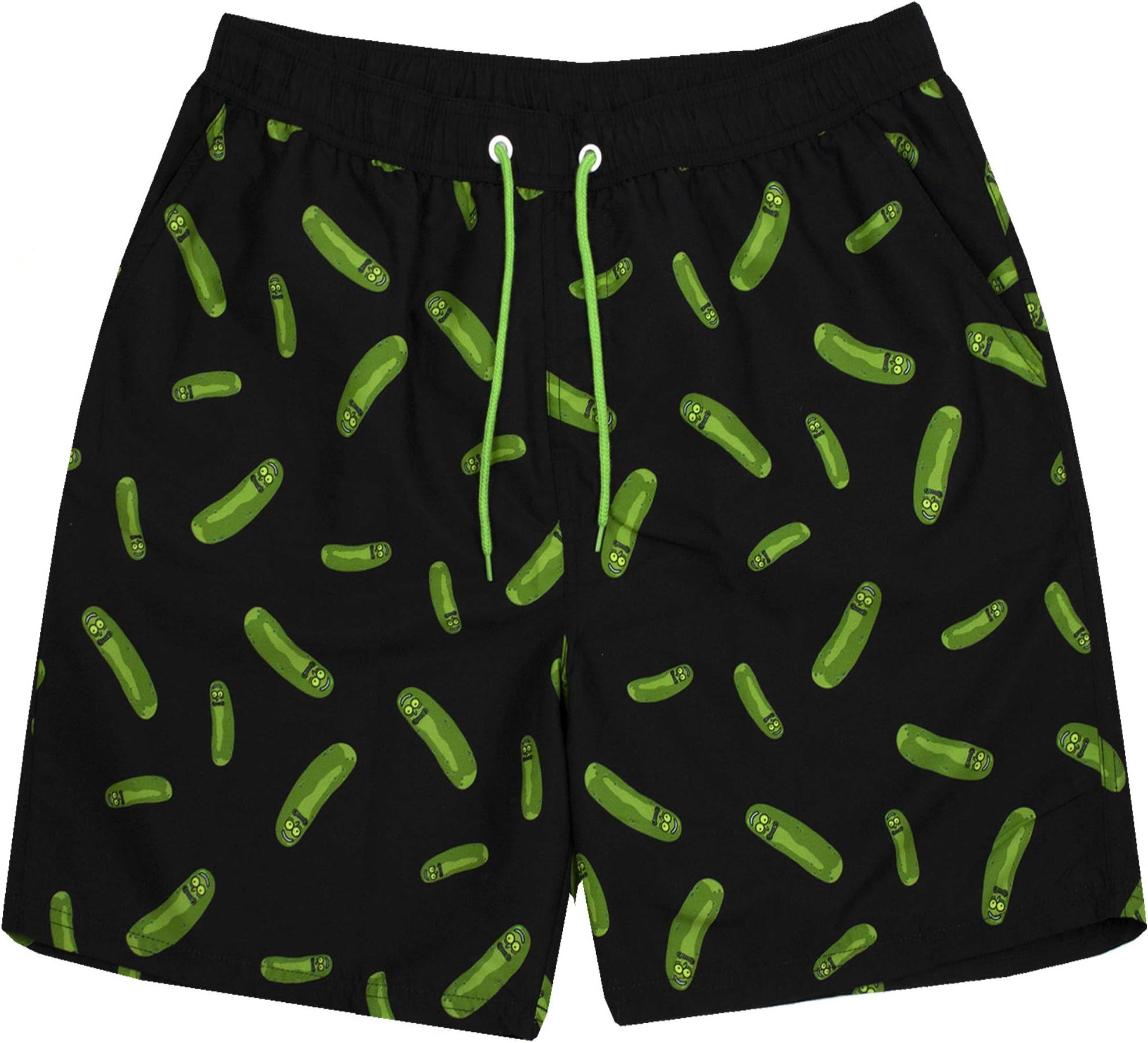 Swim Shorts for Men | Adults Pickle Rick Swimming Trunks Pants | Drawstring Waistband Pockets Black & Green Merchandise