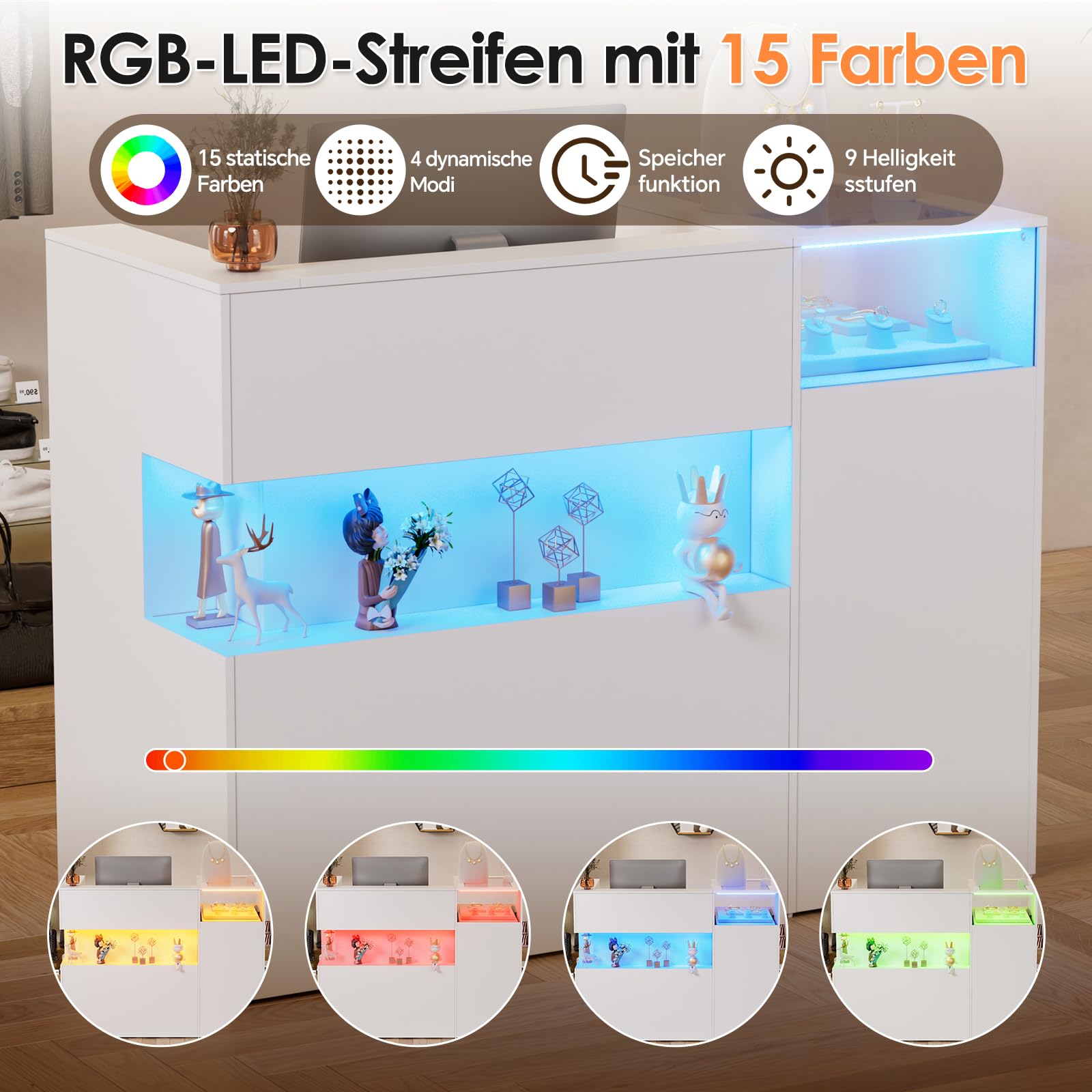Empfangstheke mit LED Große Rezeptionstresen mit Glasvitrine Tastaturhalter Schubladen und Stauraum Rezeptionstheke Geräumig Empfangstresen für Salon Geschäft Hotel Büro Kosmetikstudio 130x60x100CM