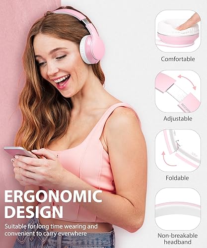 Vista 31 de rockpapa E9 - Auriculares Bluetooth para niños y niñas adultos, estéreo plegables con cable/inalámbrico con micrófono para escuela, viajes, tableta