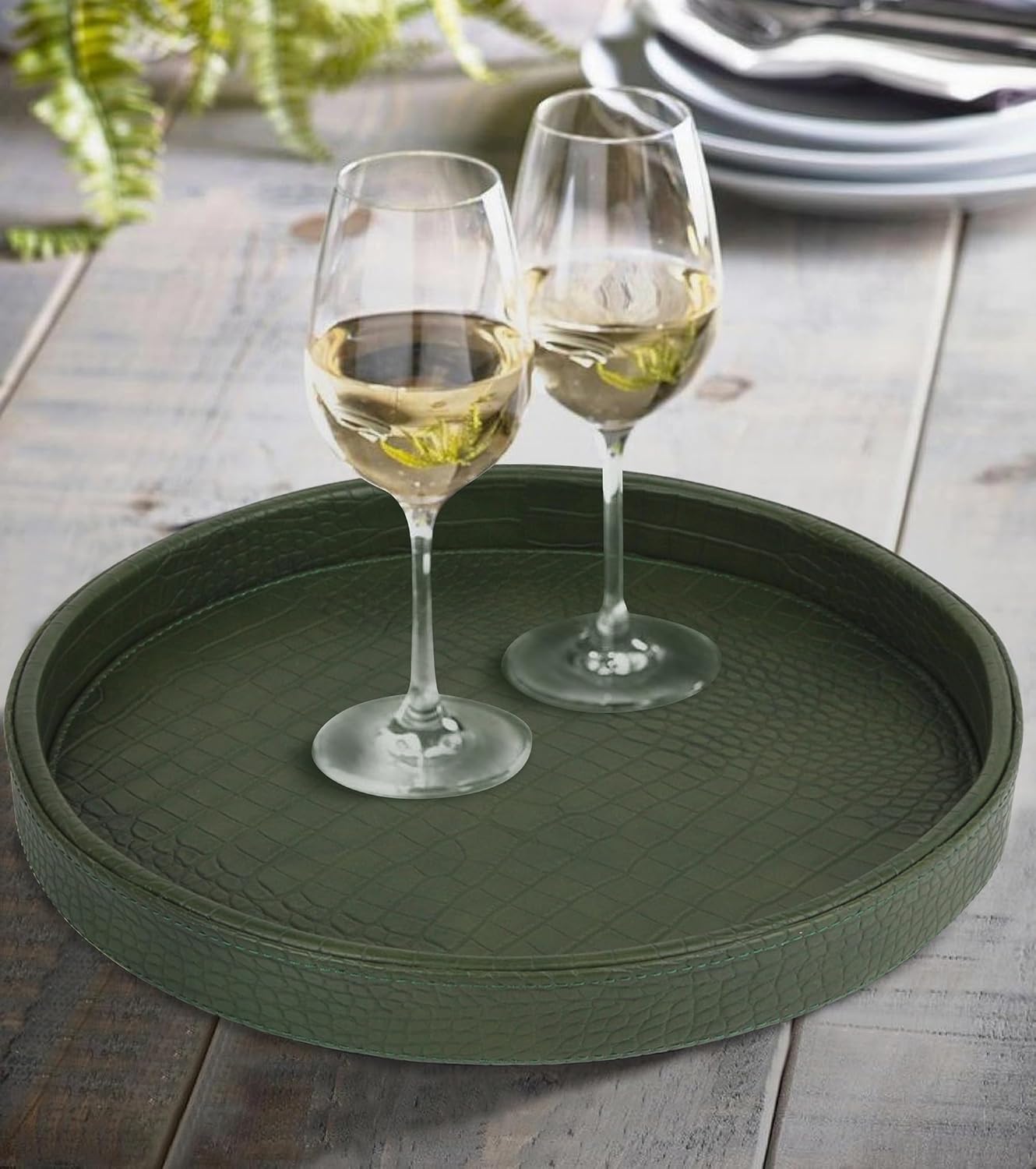 HofferRuffer Faux Leather Round Serving Tray, Vegan Croco Leather Decorative Tray, Food Tray for Storage Drinks, Snack & Cosmetics, Dia.12'' x 1.6'' (Green)