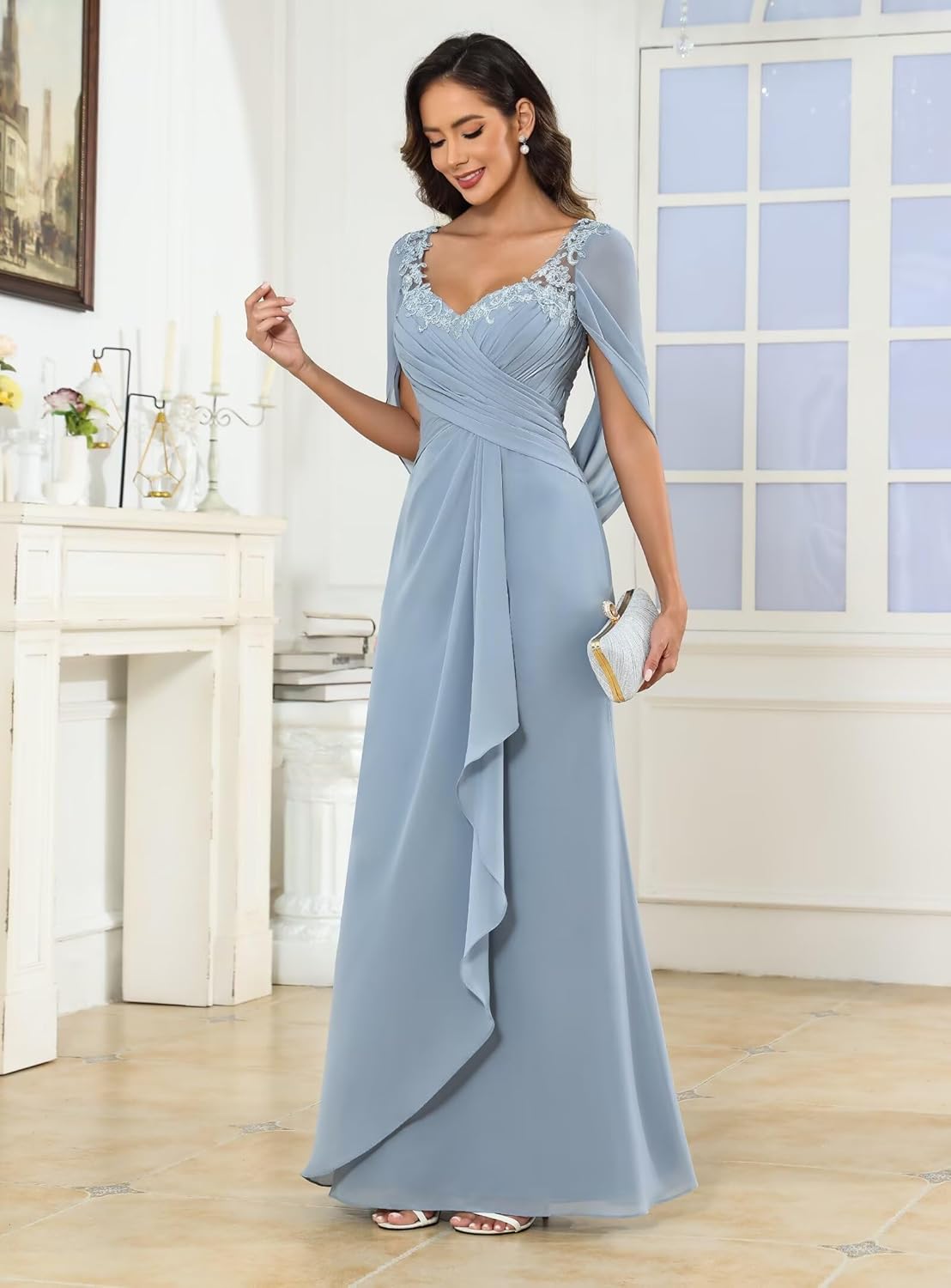 Cape Sleeve Mother of The Bride Dresses for Wedding Long Mermaid Lace Chiffon Formal Evening Party Dress - Image 4