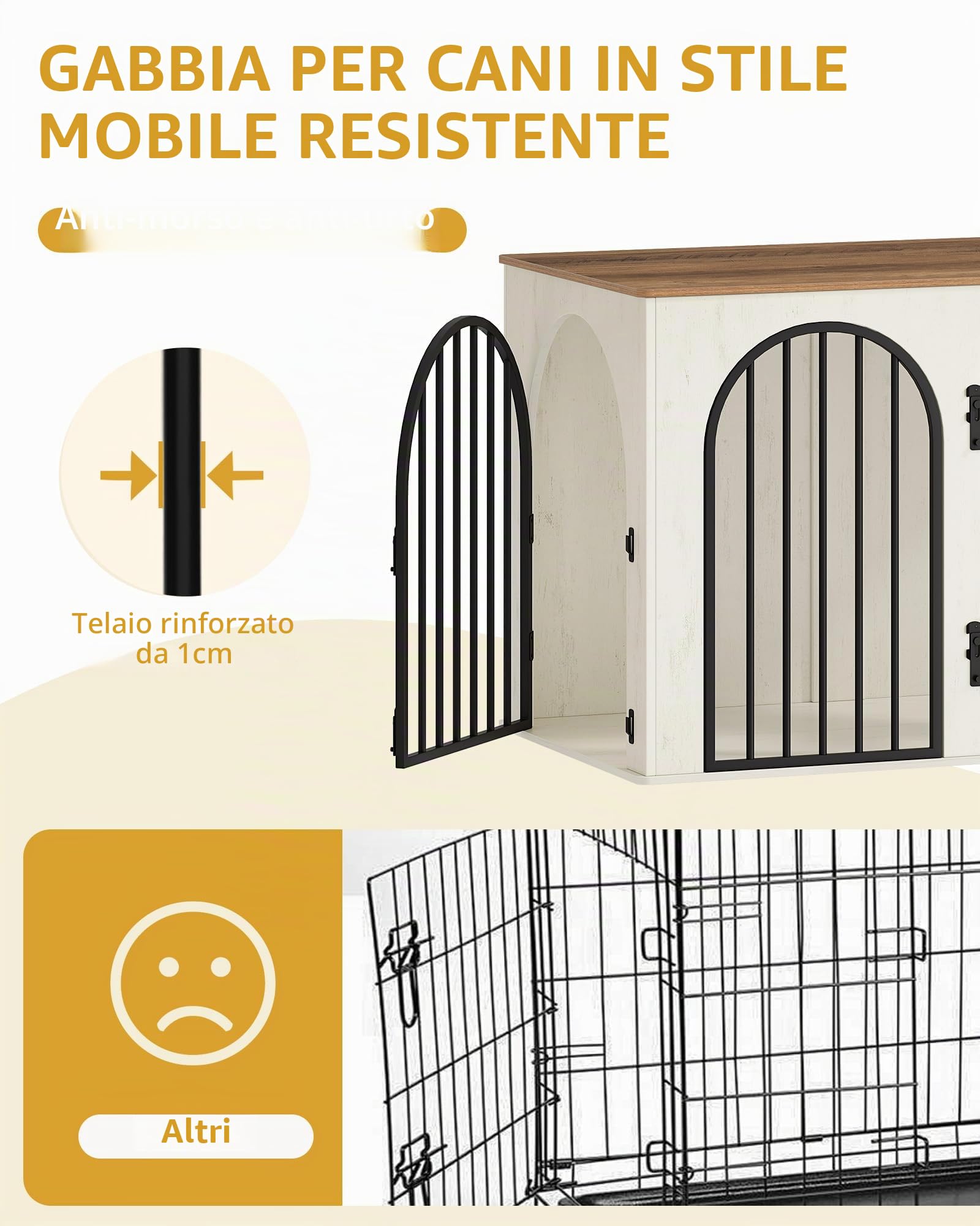 Hzuaneri 108 cm Gabbia per Cani, Tavolo Supplemento, Cuccia Moderna per Cani Interno, Kennel Cane Medio, Casetta per Animali, 3 porte, Porta ad arco, 64 x 108 x 76 cm, Bianco e Marrone DFC86014B