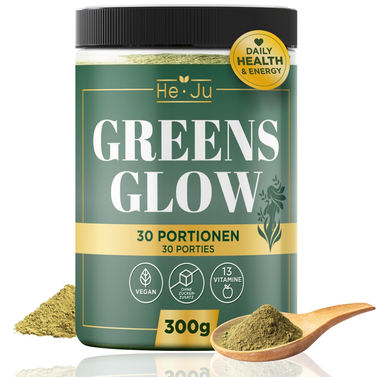 He-Ju Greens Glow Super Greens Entgiftungspulver mit Apfelfaser, Spirulina, Brokkoli & 13 Vitaminen, 300g Superfood-Mix, vegan, ohne Zuckerzusatz, mit Vitamin C & D zur Unterstützung der Immunfunktion