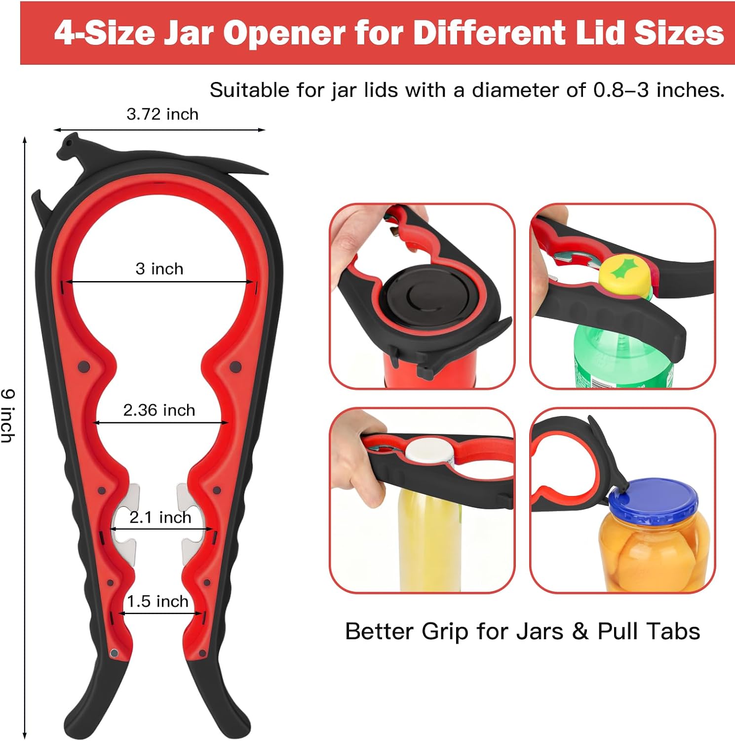 Jar Opener Set for Seniors, Arthritis, Weak Hands (Red&Black)